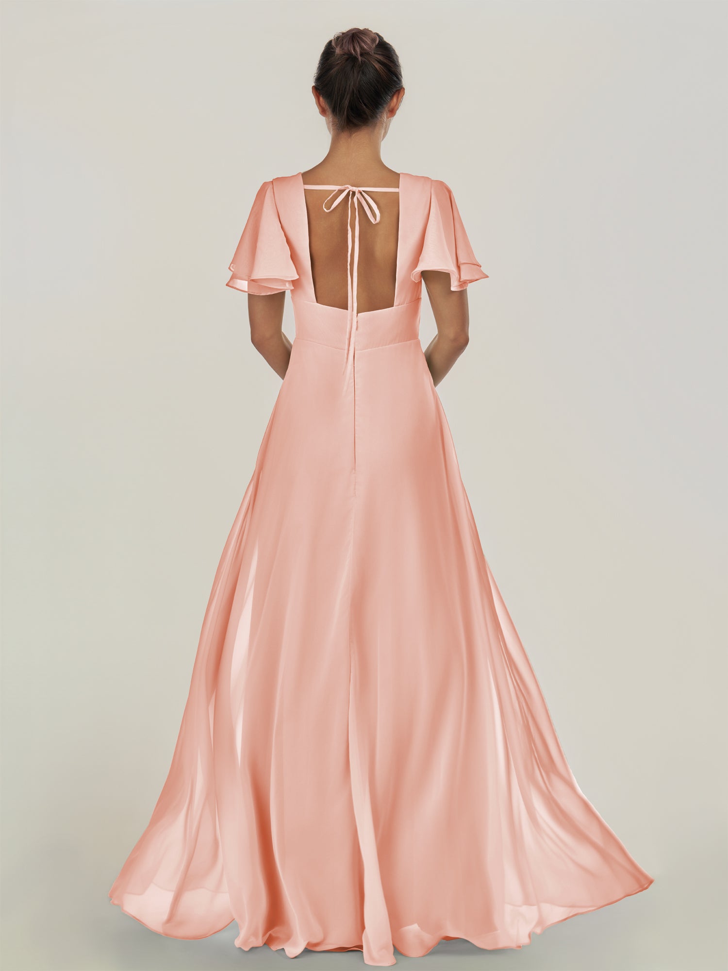 KissDress-Nira Rose Petal A Line Chiffon Cap Sleeves V Neck Long Bridesmaid Dress with Slit