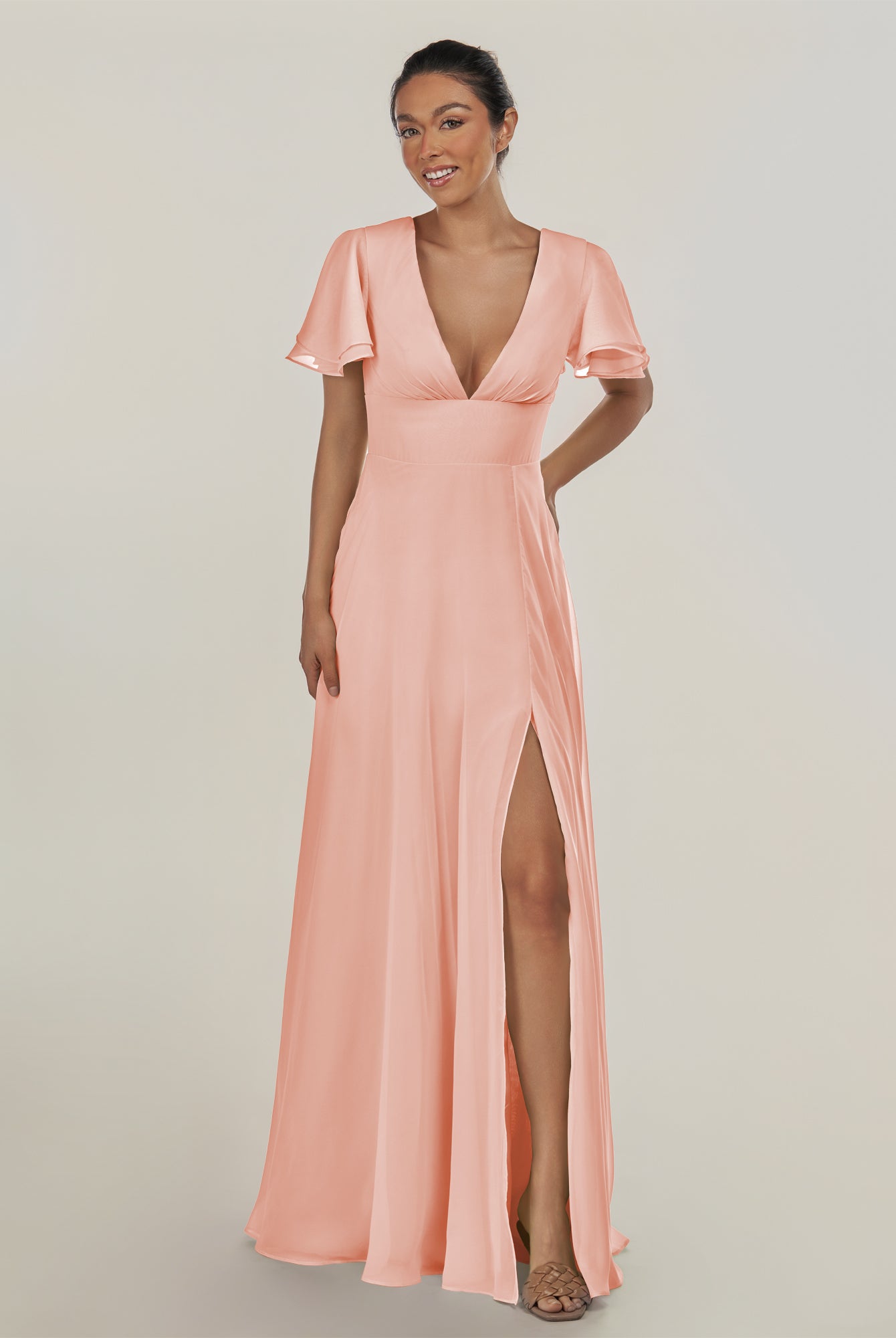 KissDress-Nira Rose Petal A Line Chiffon Cap Sleeves V Neck Long Bridesmaid Dress with Slit