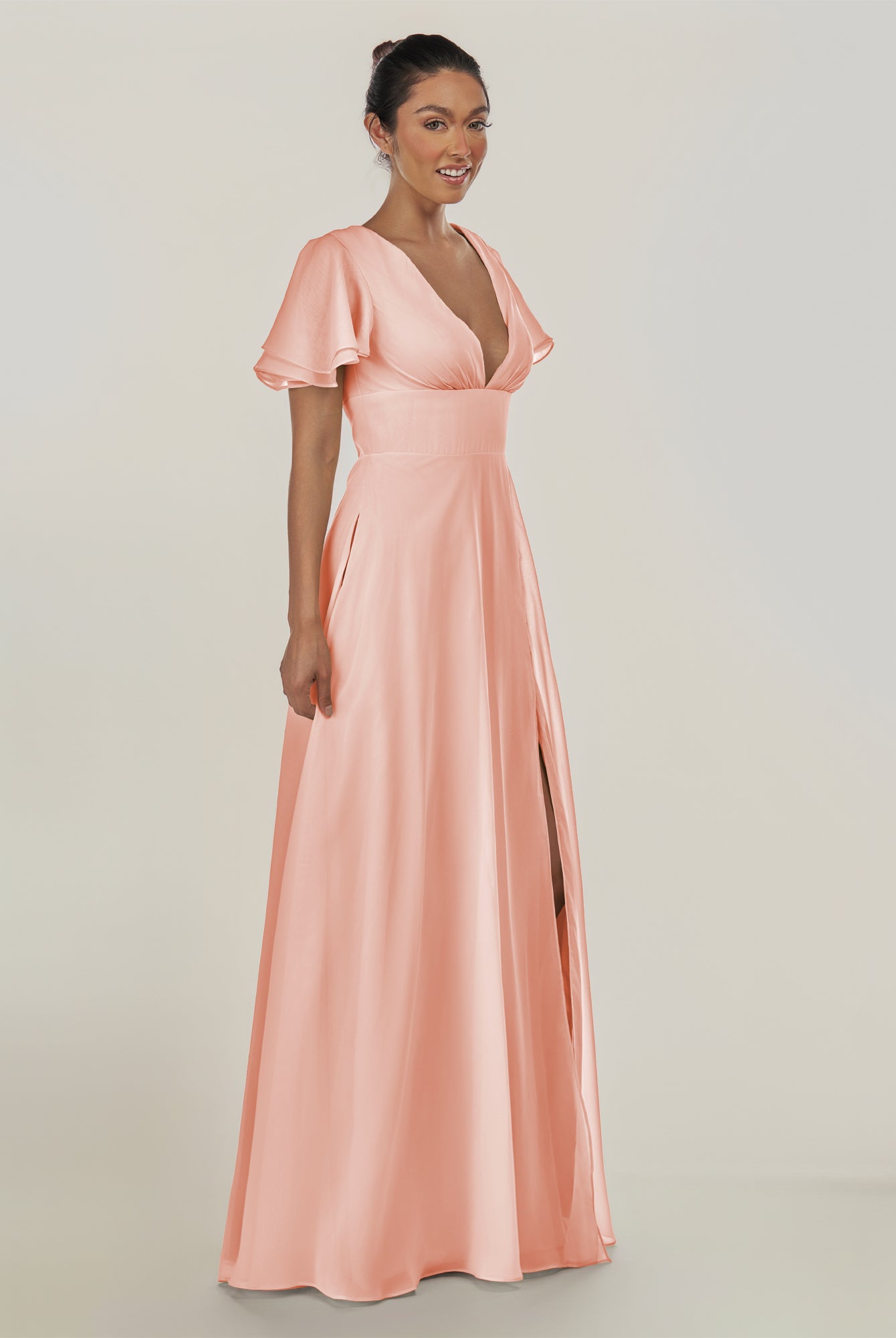 KissDress-Nira Rose Petal A Line Chiffon Cap Sleeves V Neck Long Bridesmaid Dress with Slit