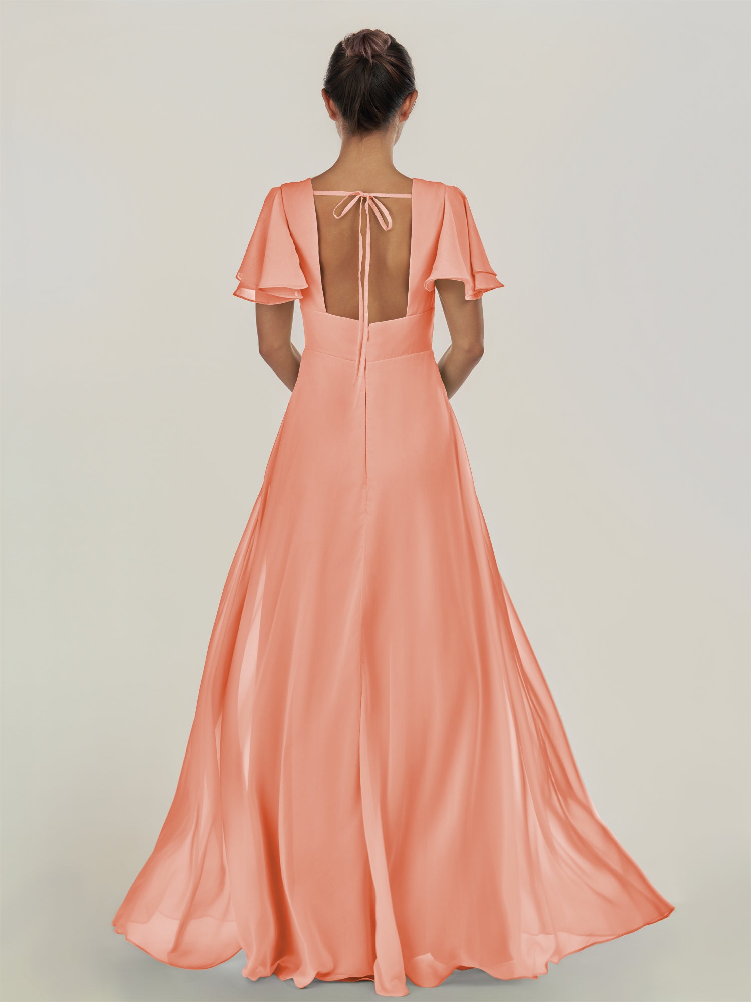 KissDress-Nira Rosette A Line Chiffon Cap Sleeves V Neck Long Bridesmaid Dress with Slit