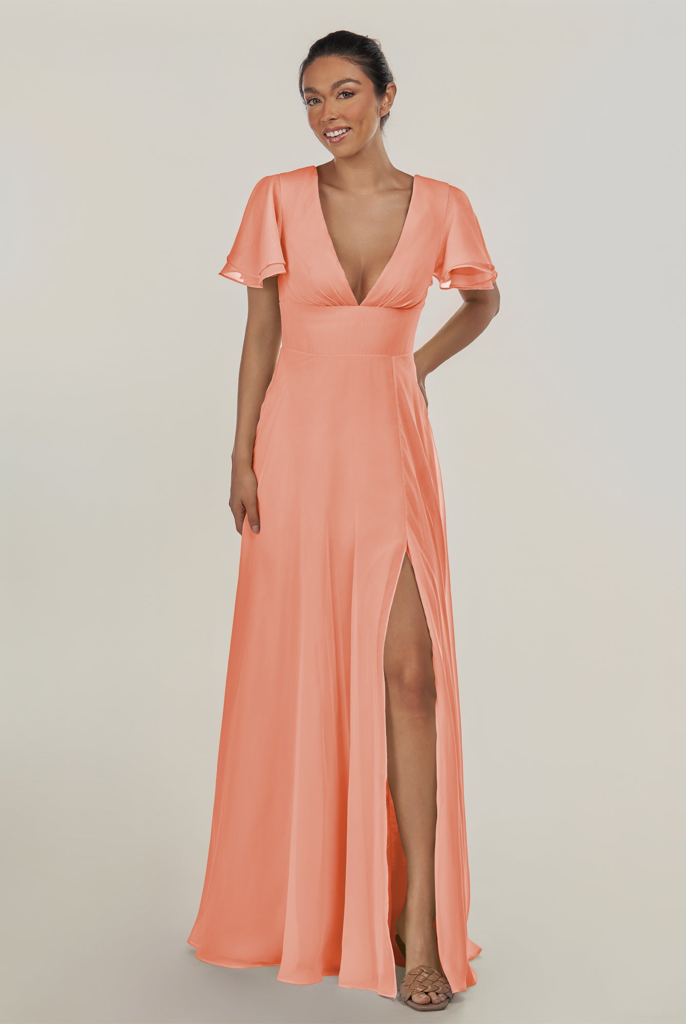 KissDress-Nira Rosette A Line Chiffon Cap Sleeves V Neck Long Bridesmaid Dress with Slit
