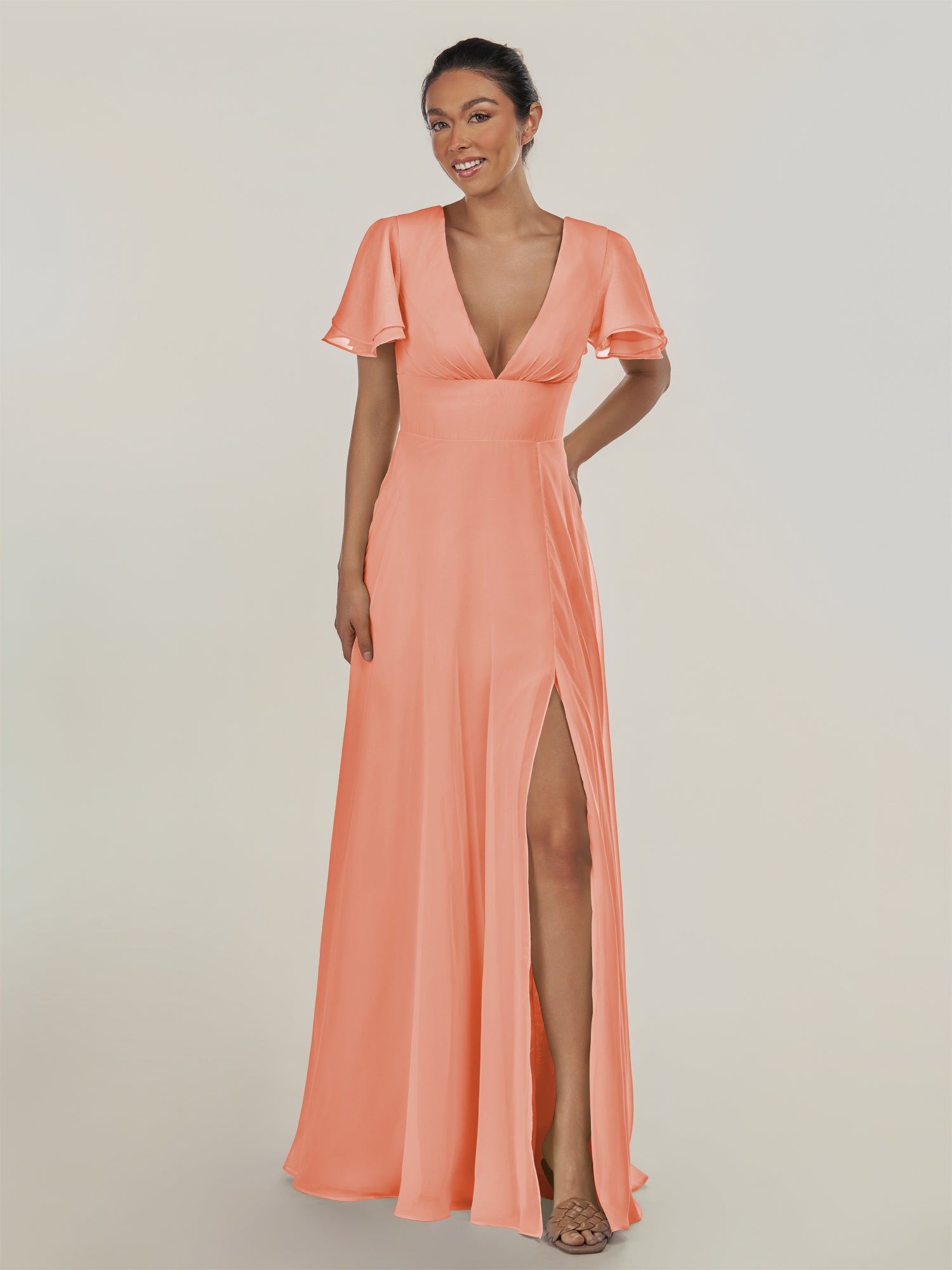 KissDress-Nira Rosette A Line Chiffon Cap Sleeves V Neck Long Bridesmaid Dress with Slit