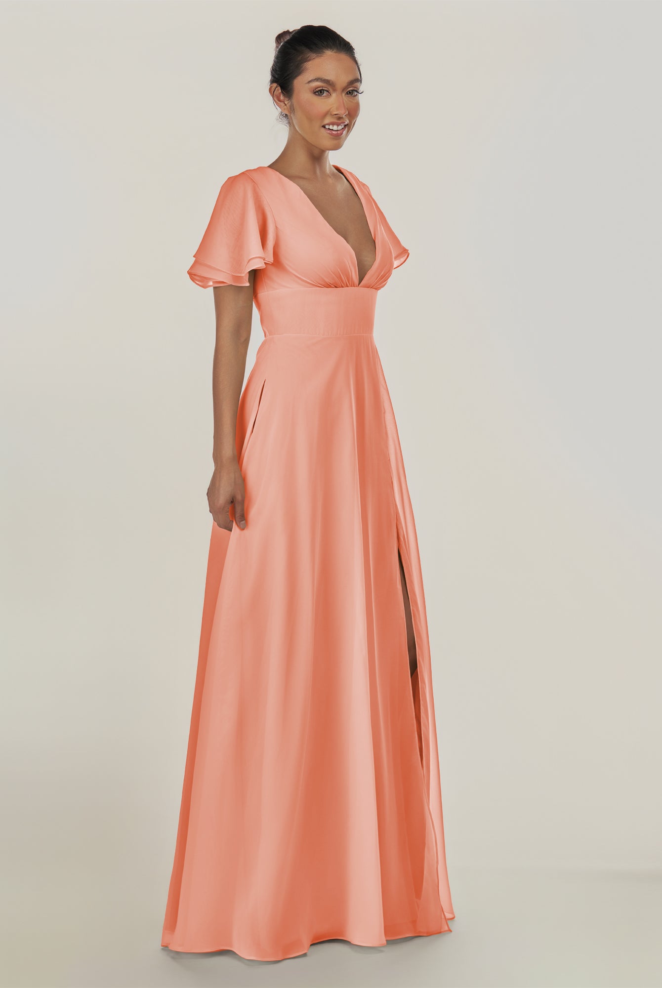 KissDress-Nira Rosette A Line Chiffon Cap Sleeves V Neck Long Bridesmaid Dress with Slit