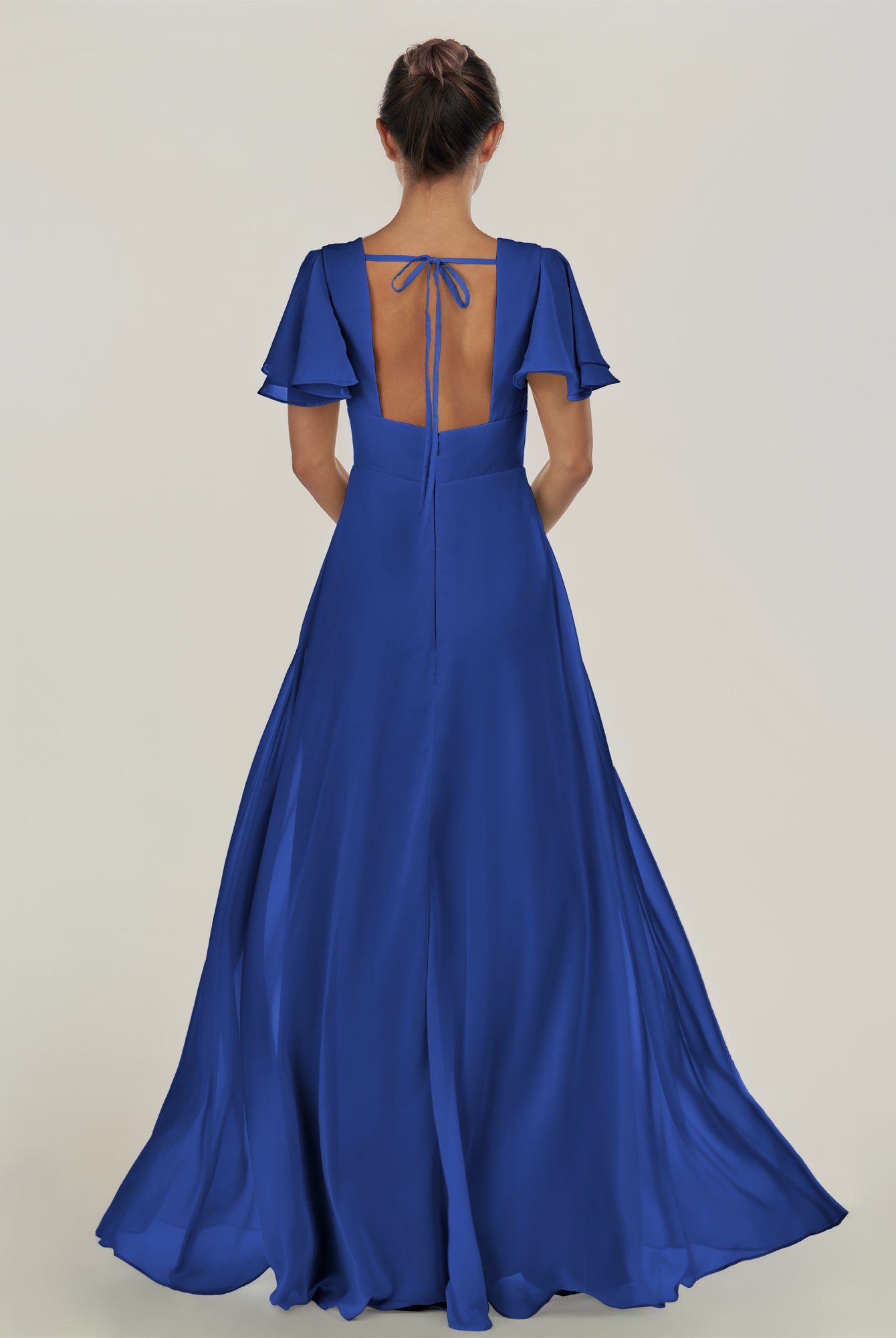 KissDress-Nira Royal Blue A Line Chiffon Cap Sleeves V Neck Long Bridesmaid Dress with Slit