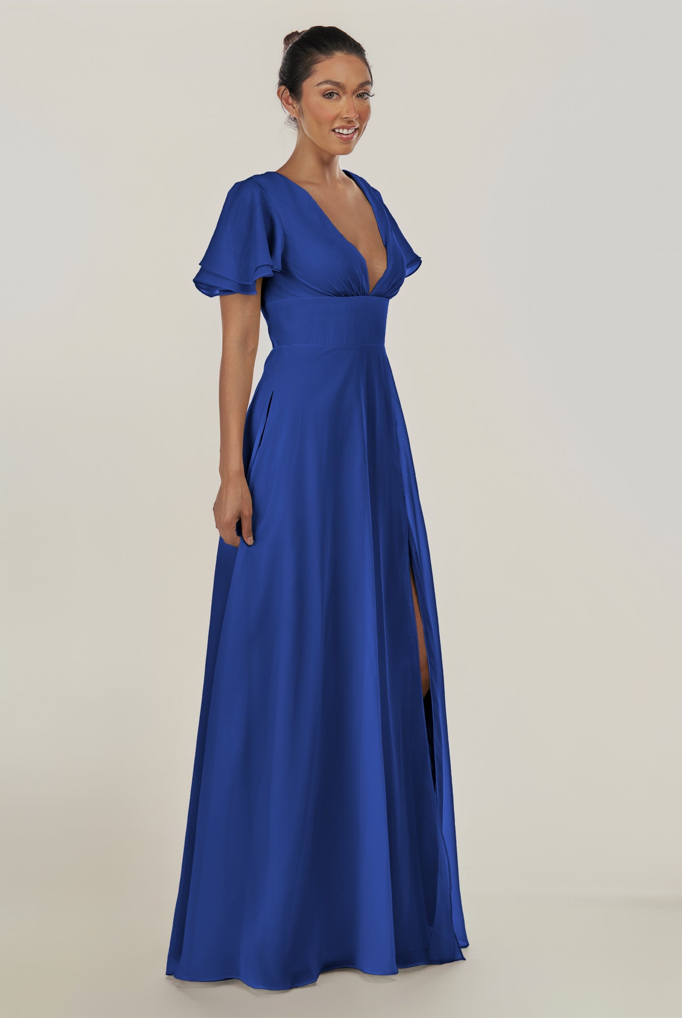 KissDress-Nira Royal Blue A Line Chiffon Cap Sleeves V Neck Long Bridesmaid Dress with Slit