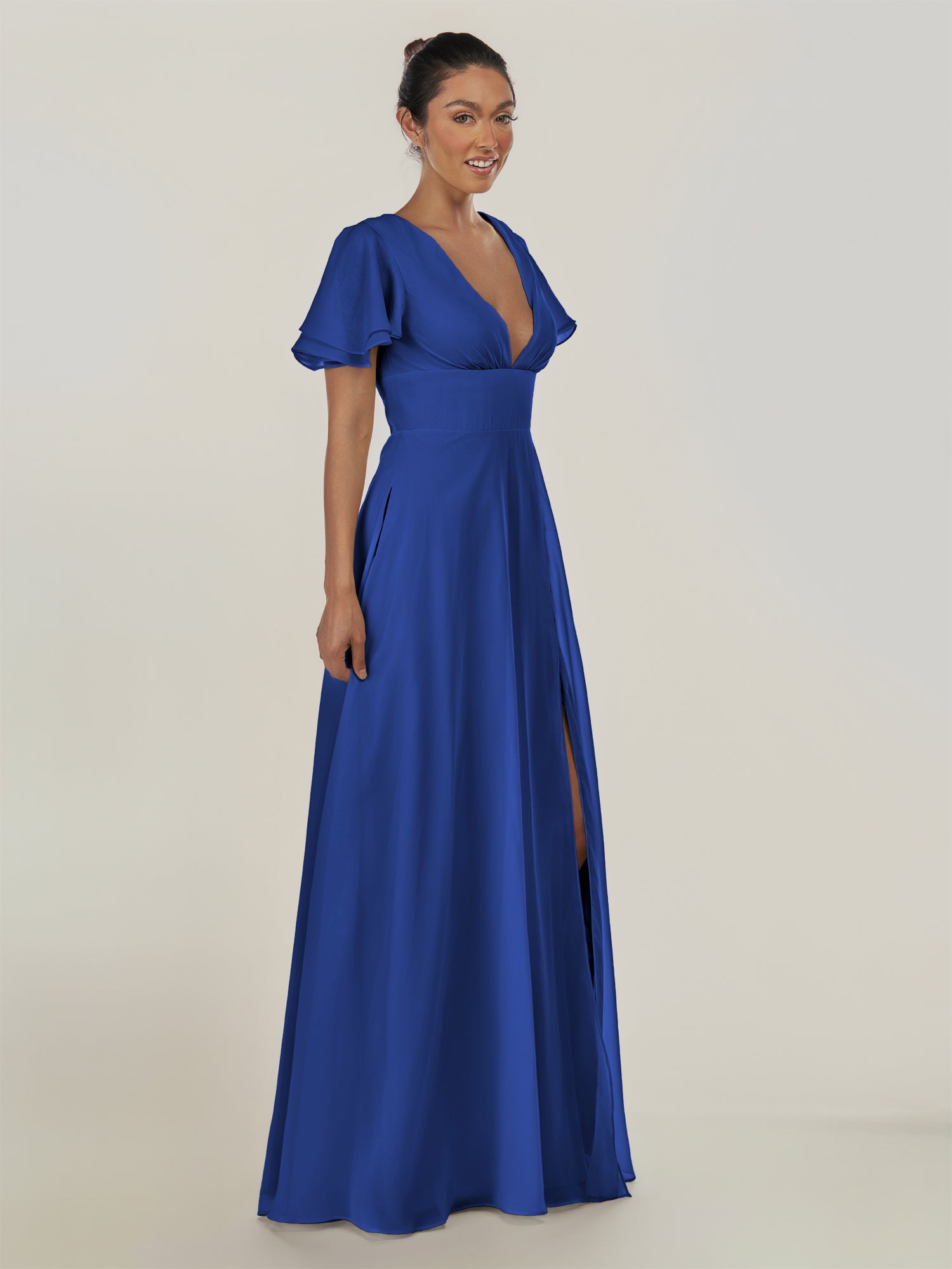 KissDress-Nira Royal Blue A Line Chiffon Cap Sleeves V Neck Long Bridesmaid Dress with Slit