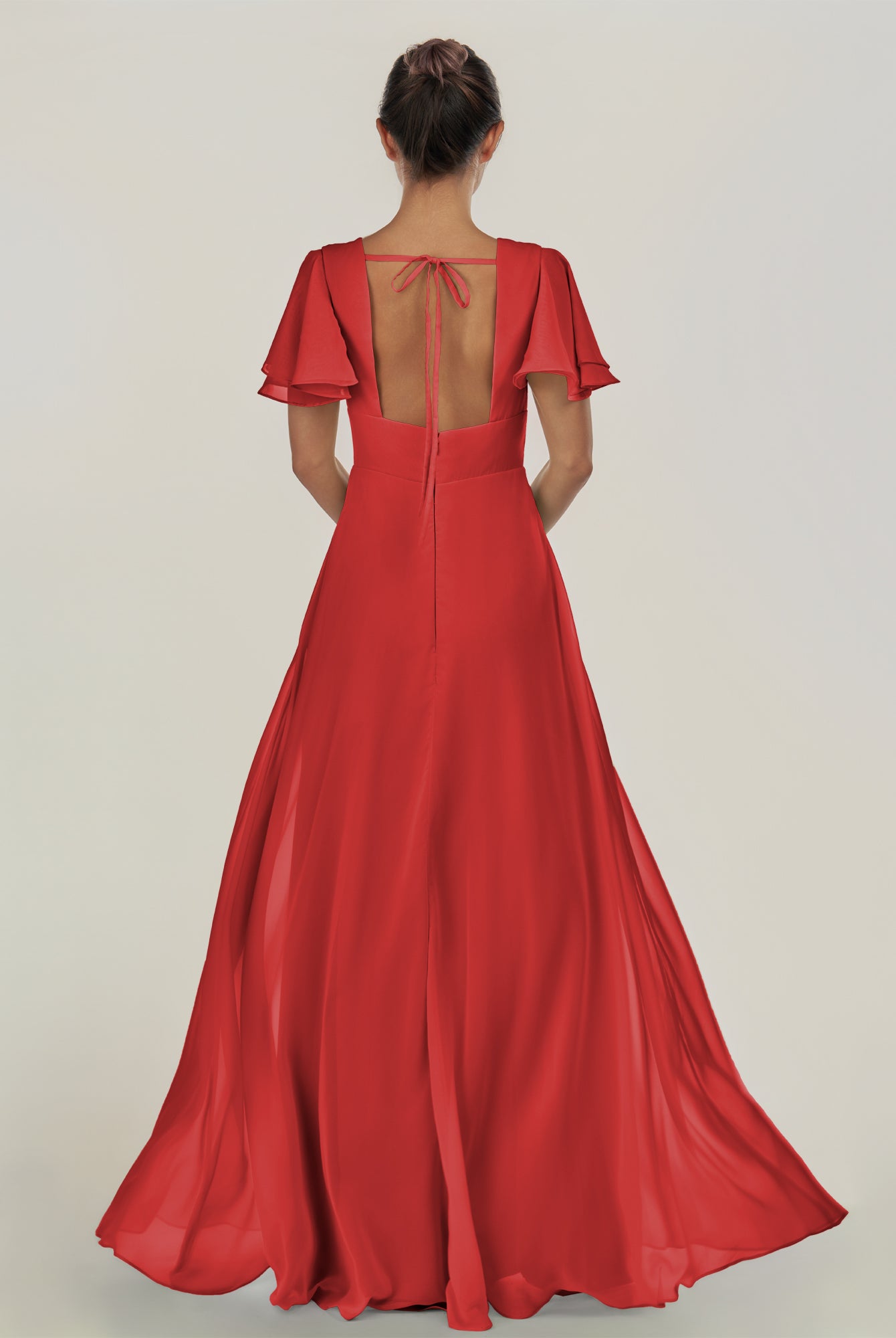 KissDress-Nira Ruby Red A Line Chiffon Cap Sleeves V Neck Long Bridesmaid Dress with Slit