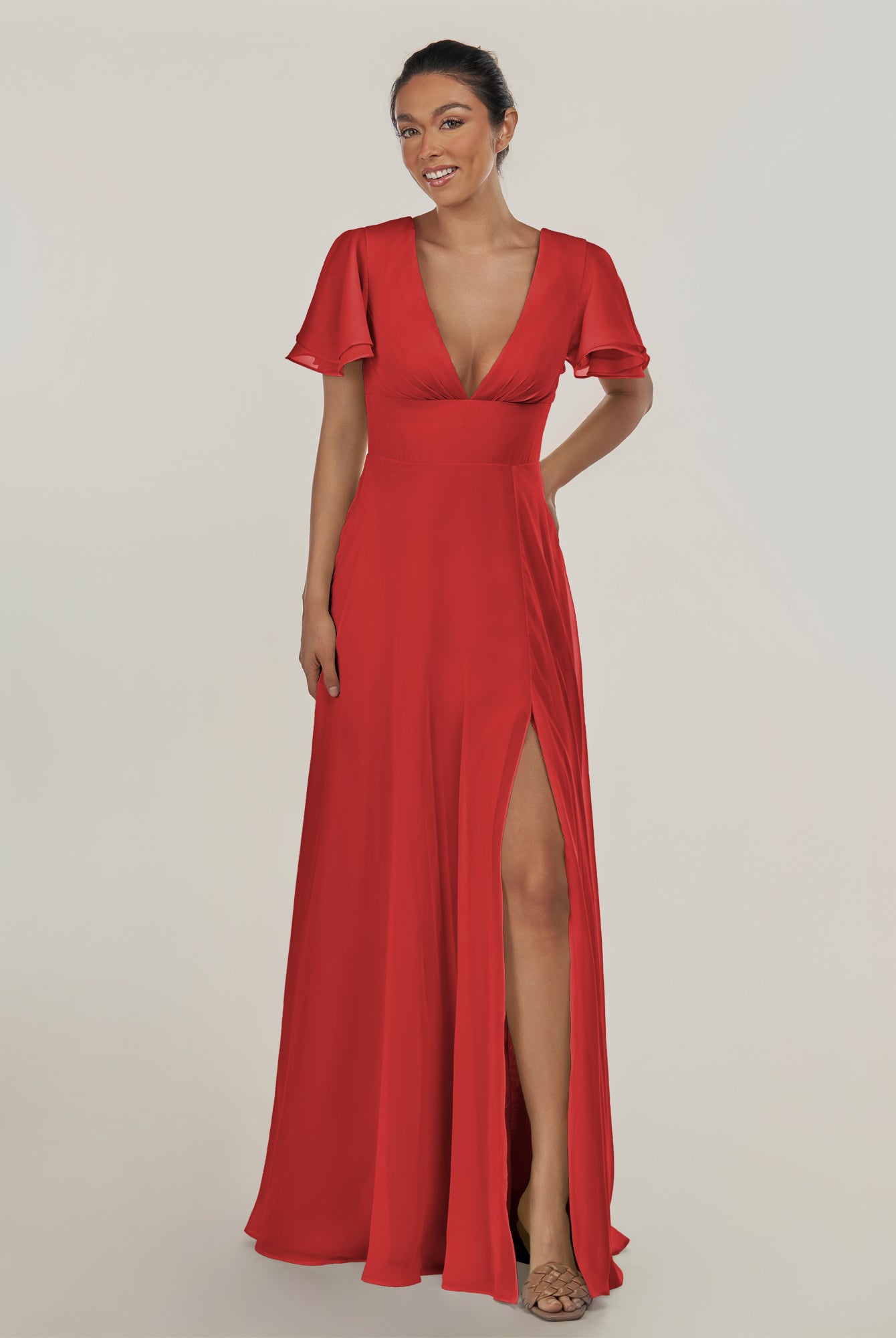 KissDress-Nira Ruby Red A Line Chiffon Cap Sleeves V Neck Long Bridesmaid Dress with Slit