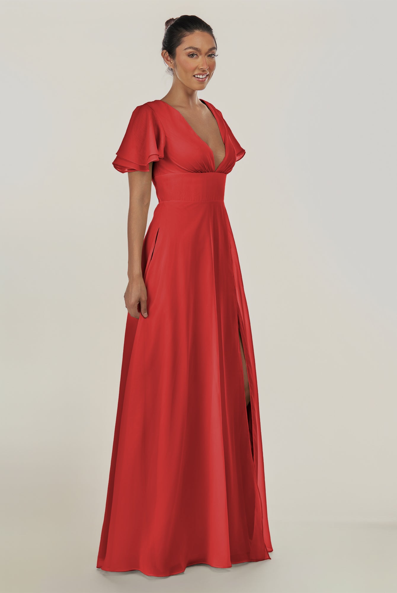 KissDress-Nira Ruby Red A Line Chiffon Cap Sleeves V Neck Long Bridesmaid Dress with Slit