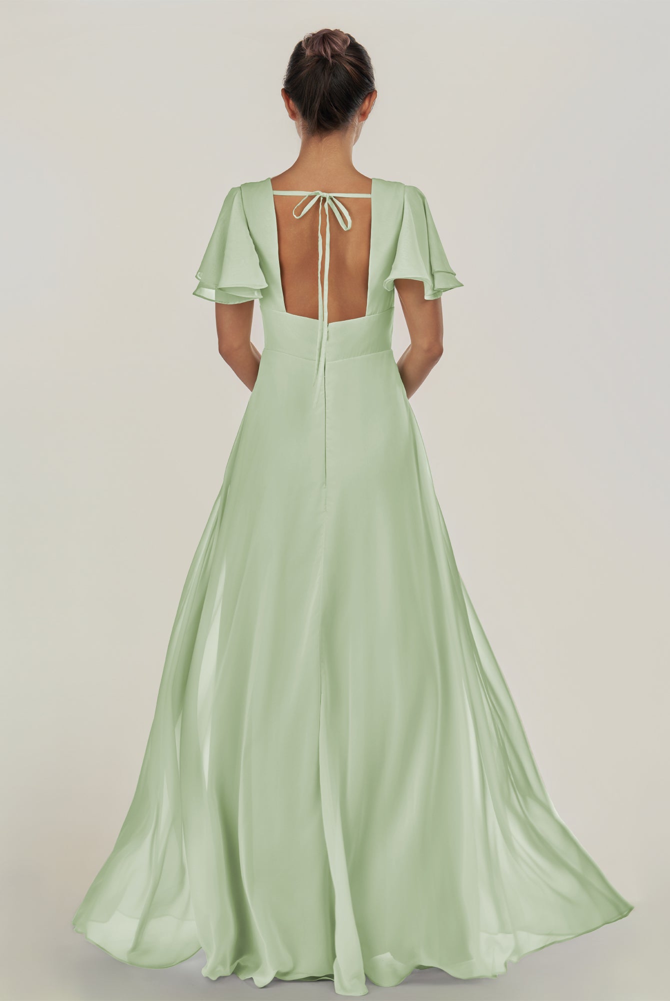 KissDress-Nira Sage A Line Chiffon Cap Sleeves V Neck Long Bridesmaid Dress with Slit