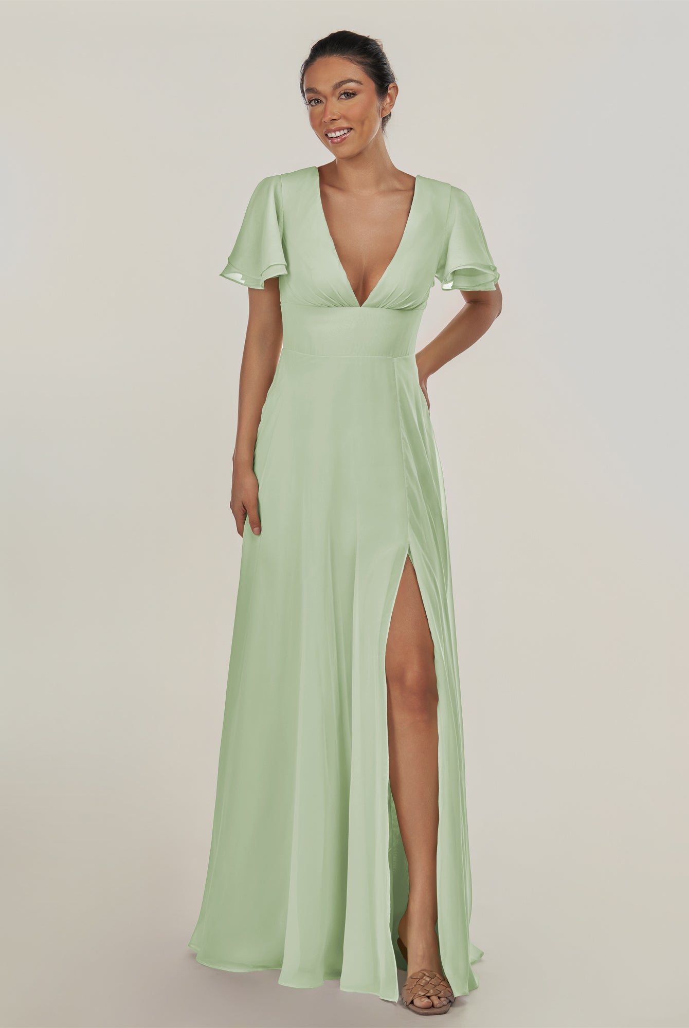 KissDress-Nira Sage A Line Chiffon Cap Sleeves V Neck Long Bridesmaid Dress with Slit