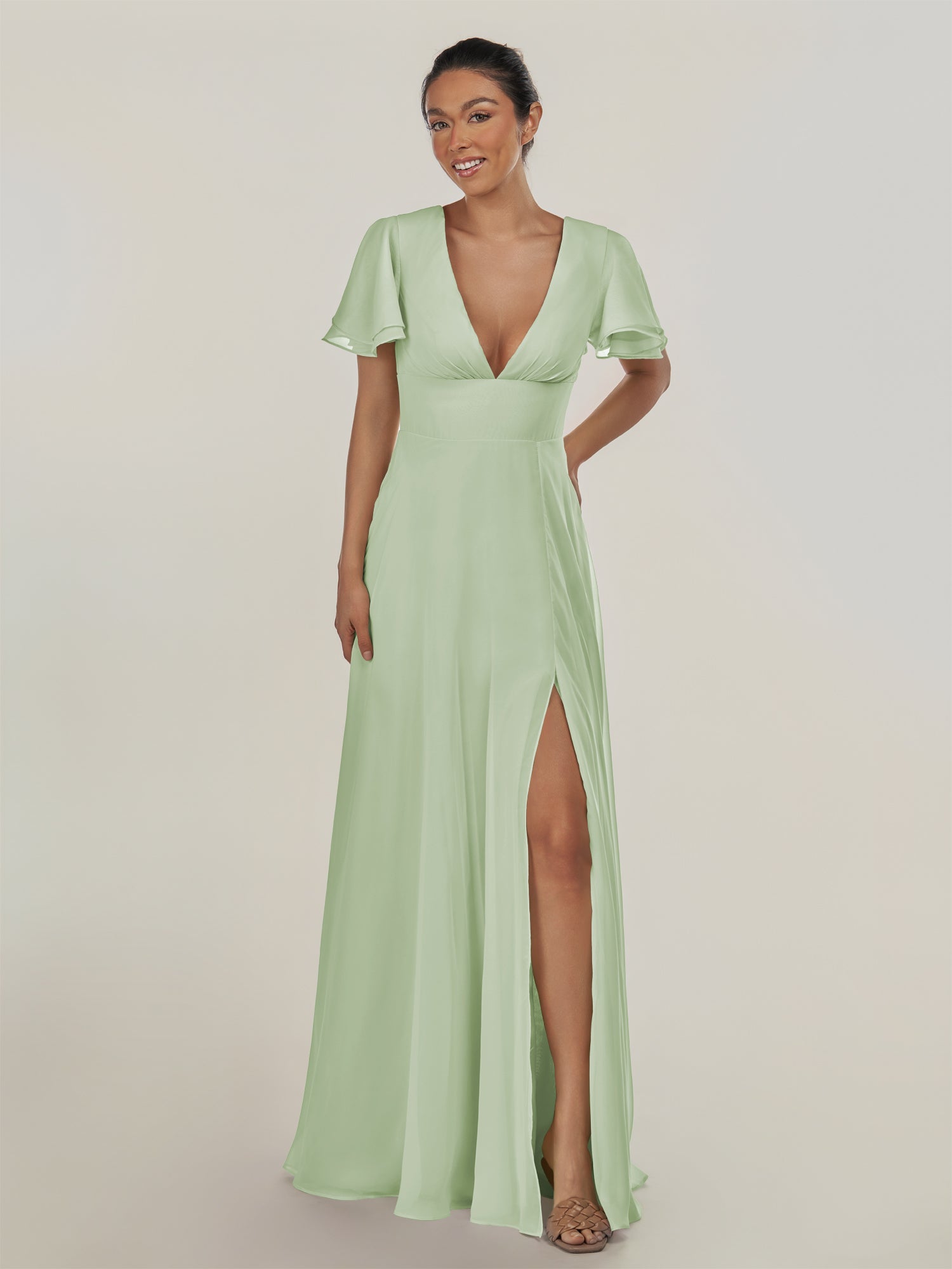 KissDress-Nira Sage A Line Chiffon Cap Sleeves V Neck Long Bridesmaid Dress with Slit