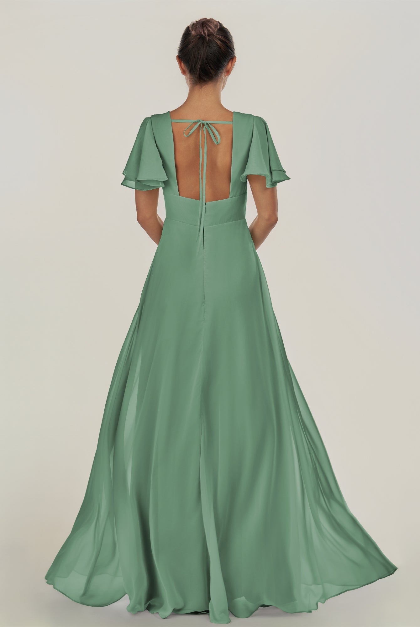 KissDress-Nira Sea Glass A Line Chiffon Cap Sleeves V Neck Long Bridesmaid Dress with Slit