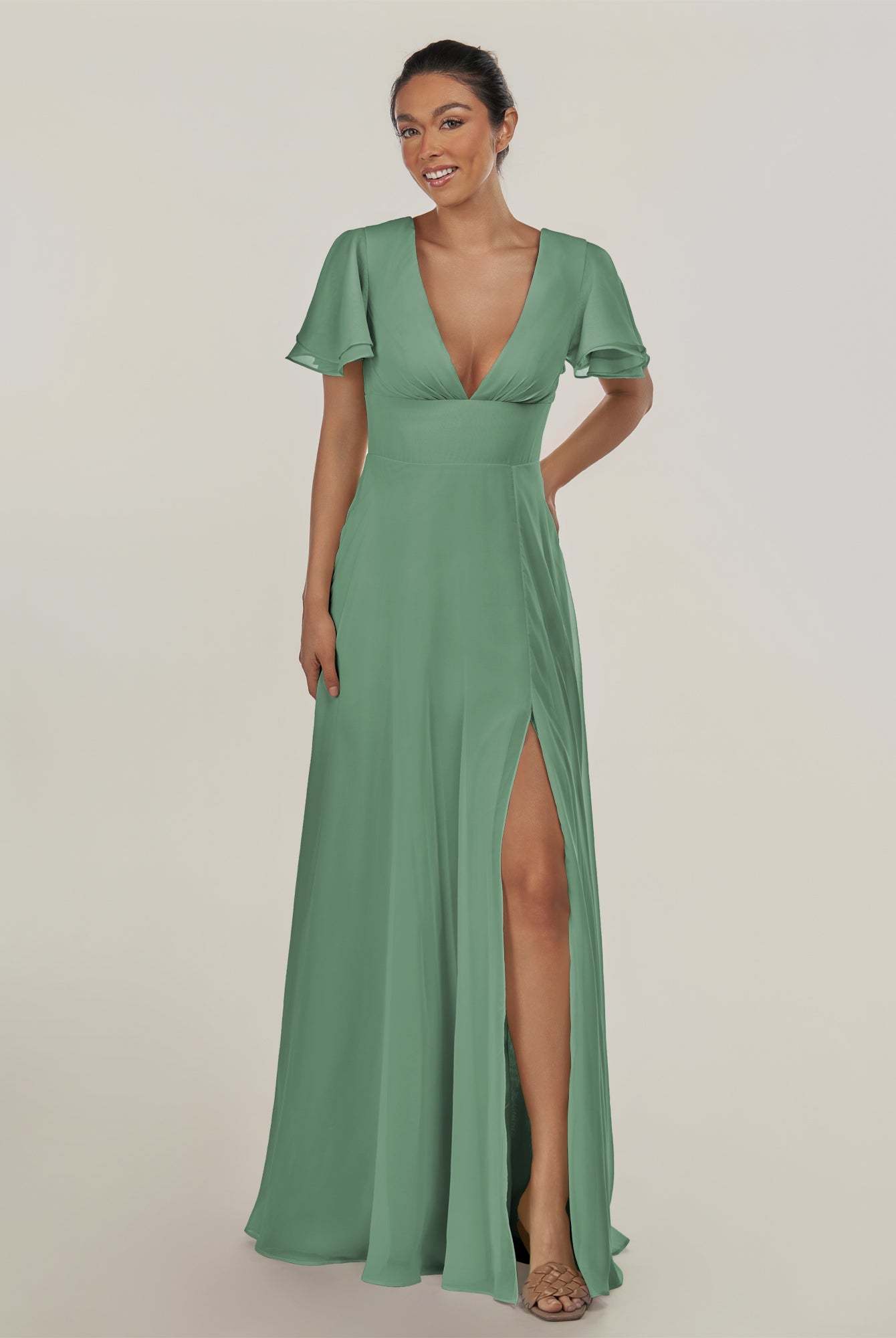 KissDress-Nira Sea Glass A Line Chiffon Cap Sleeves V Neck Long Bridesmaid Dress with Slit