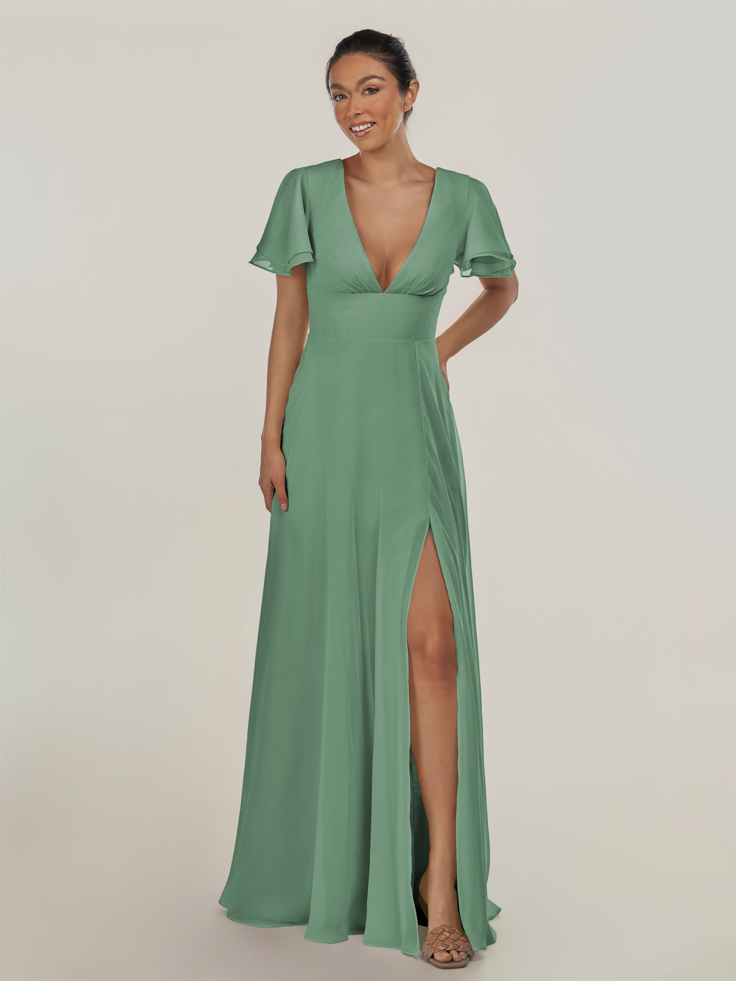 KissDress-Nira Sea Glass A Line Chiffon Cap Sleeves V Neck Long Bridesmaid Dress with Slit