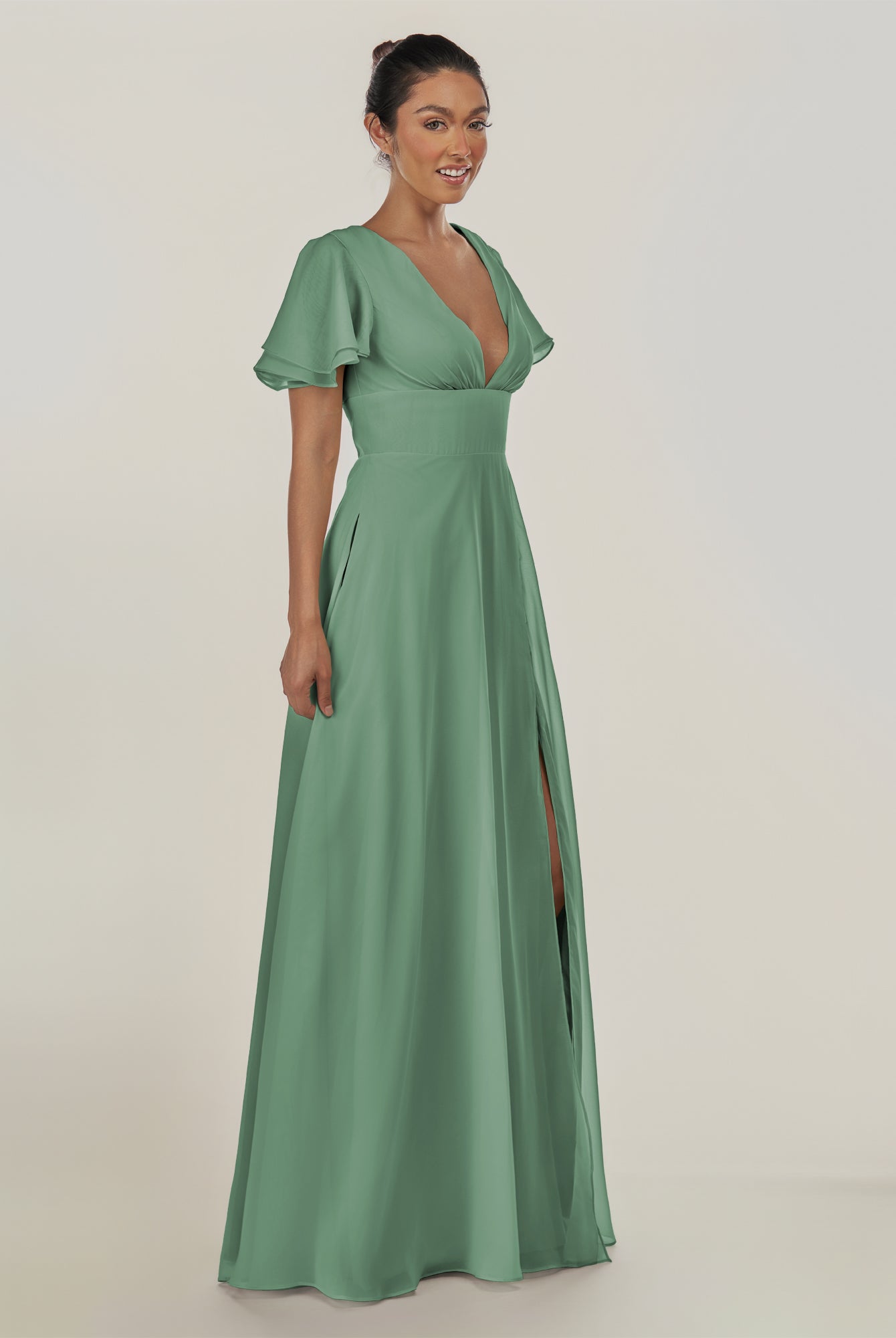 KissDress-Nira Sea Glass A Line Chiffon Cap Sleeves V Neck Long Bridesmaid Dress with Slit