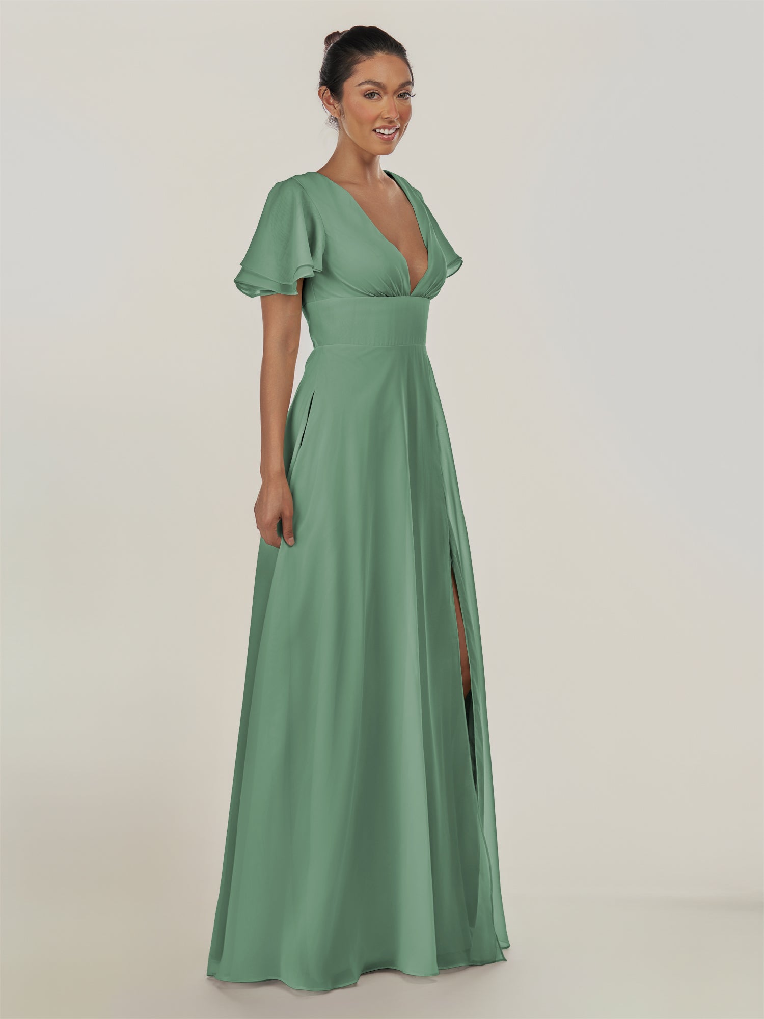 KissDress-Nira Sea Glass A Line Chiffon Cap Sleeves V Neck Long Bridesmaid Dress with Slit