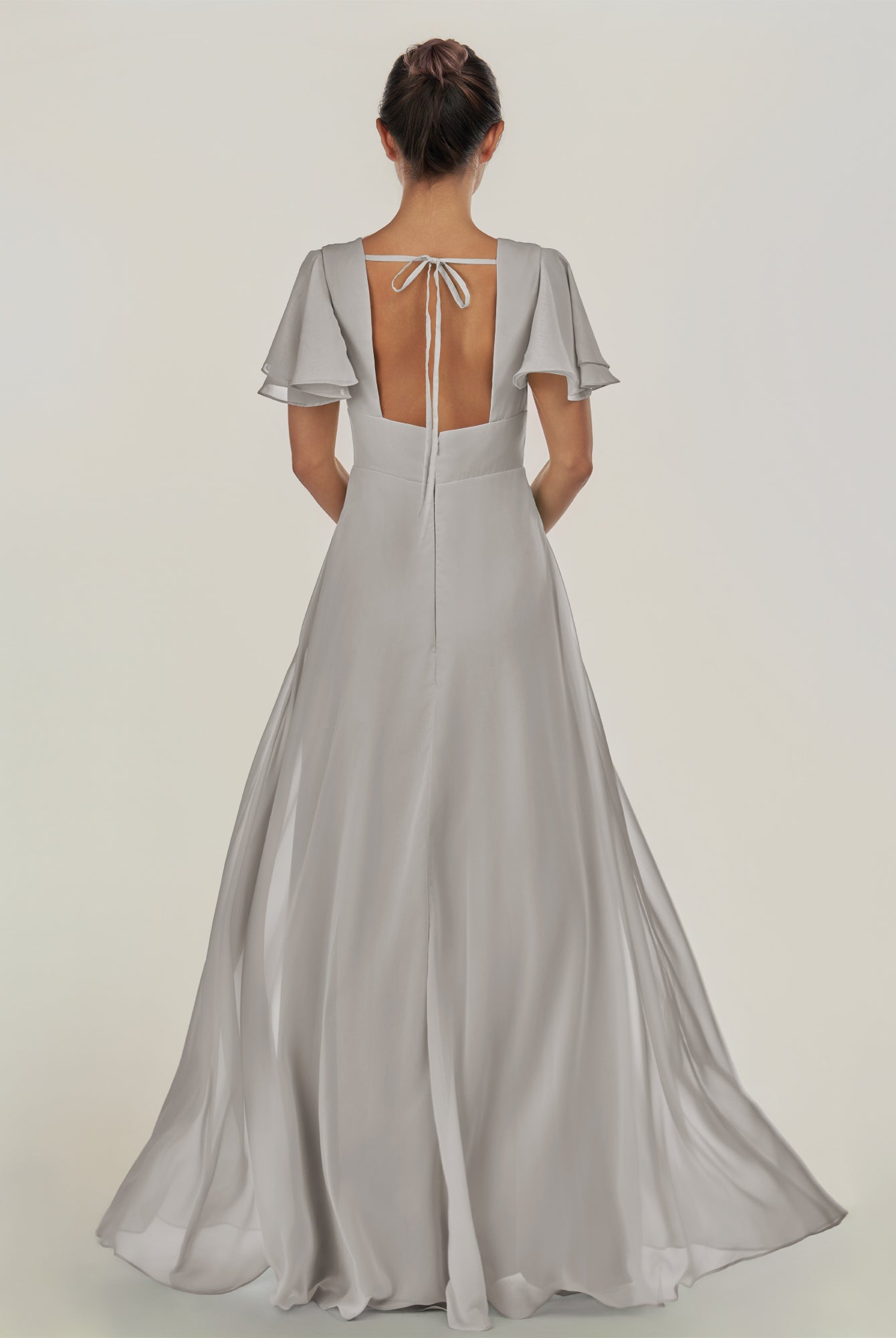 KissDress-Nira Silver A Line Chiffon Cap Sleeves V Neck Long Bridesmaid Dress with Slit