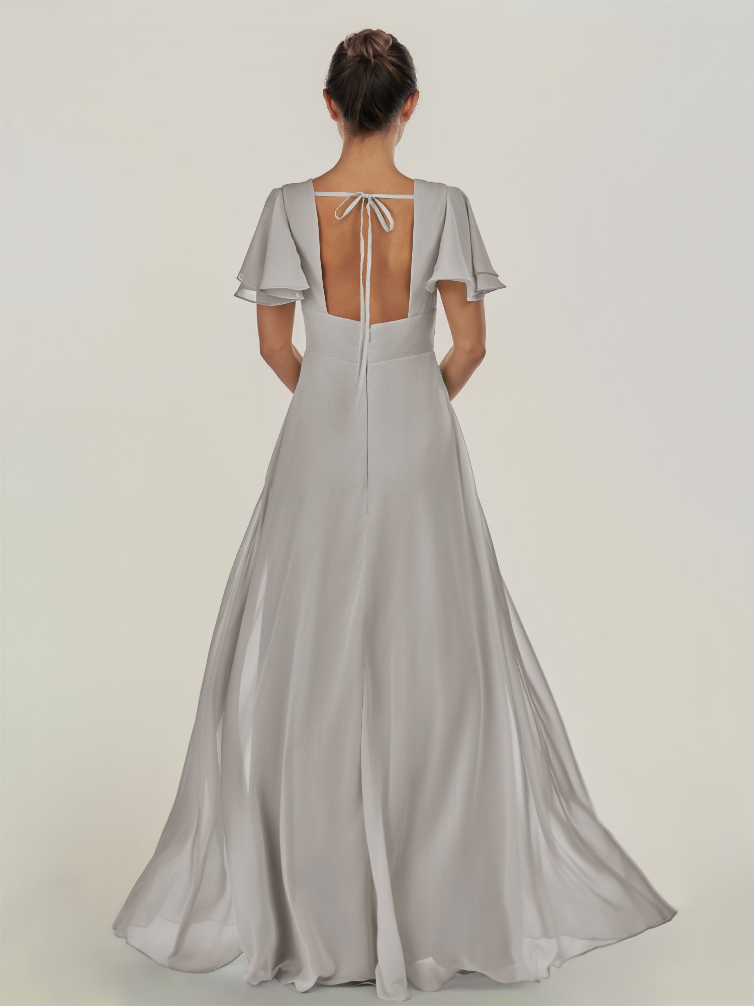 KissDress-Nira Silver A Line Chiffon Cap Sleeves V Neck Long Bridesmaid Dress with Slit