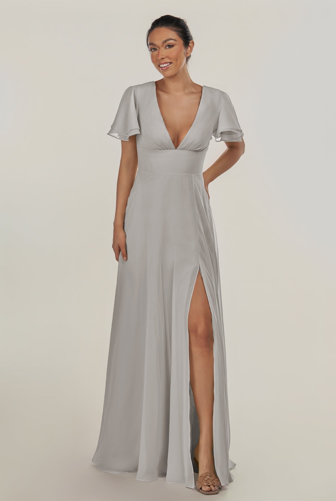 KissDress-Nira Silver A Line Chiffon Cap Sleeves V Neck Long Bridesmaid Dress with Slit