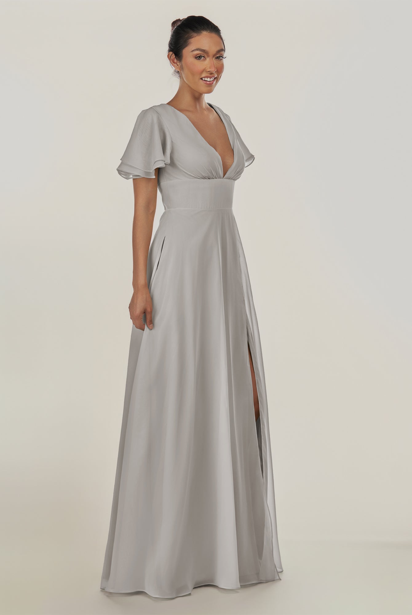 KissDress-Nira Silver A Line Chiffon Cap Sleeves V Neck Long Bridesmaid Dress with Slit