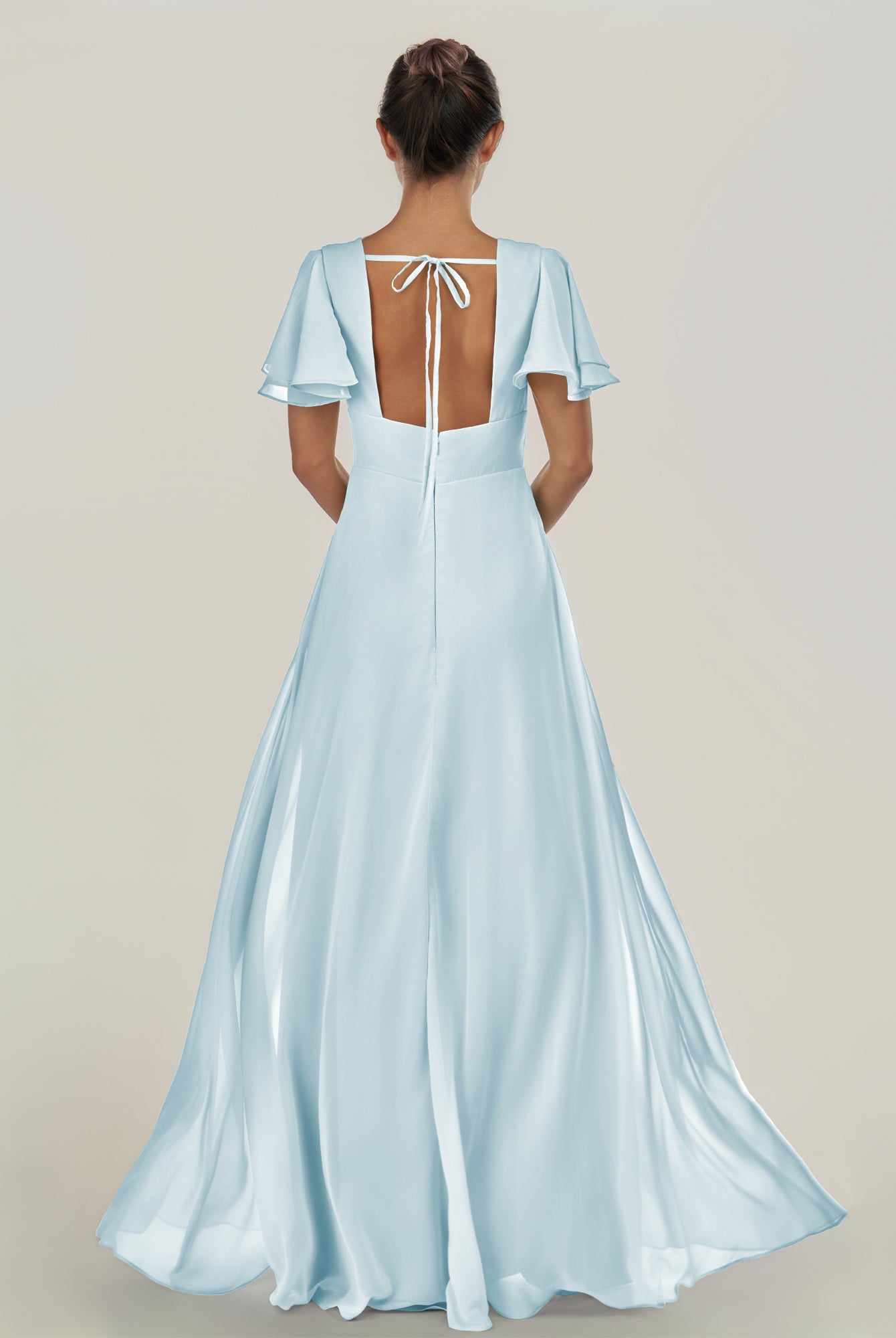 KissDress-Nira Sky Blue A Line Chiffon Cap Sleeves V Neck Long Bridesmaid Dress with Slit