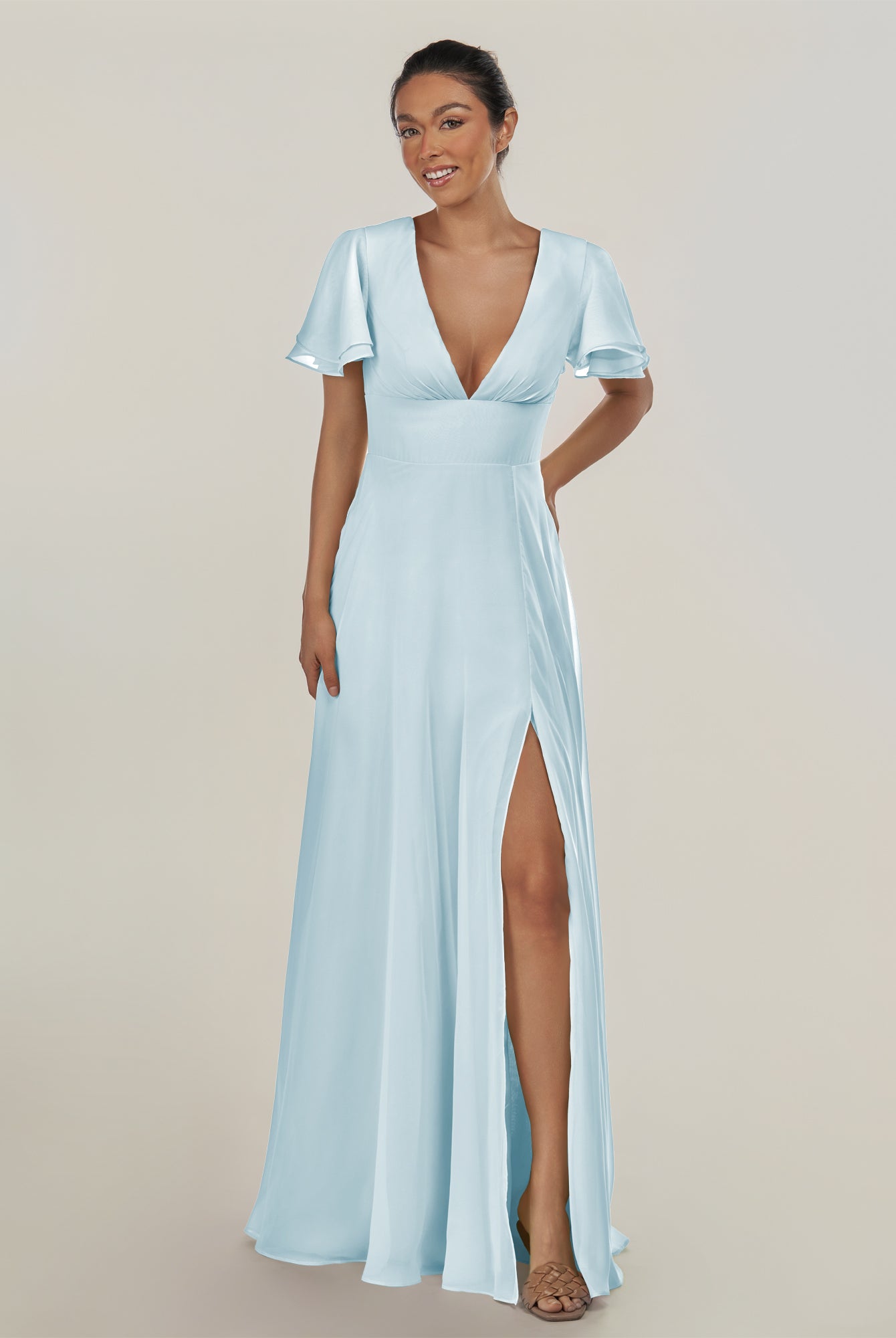 KissDress-Nira Sky Blue A Line Chiffon Cap Sleeves V Neck Long Bridesmaid Dress with Slit