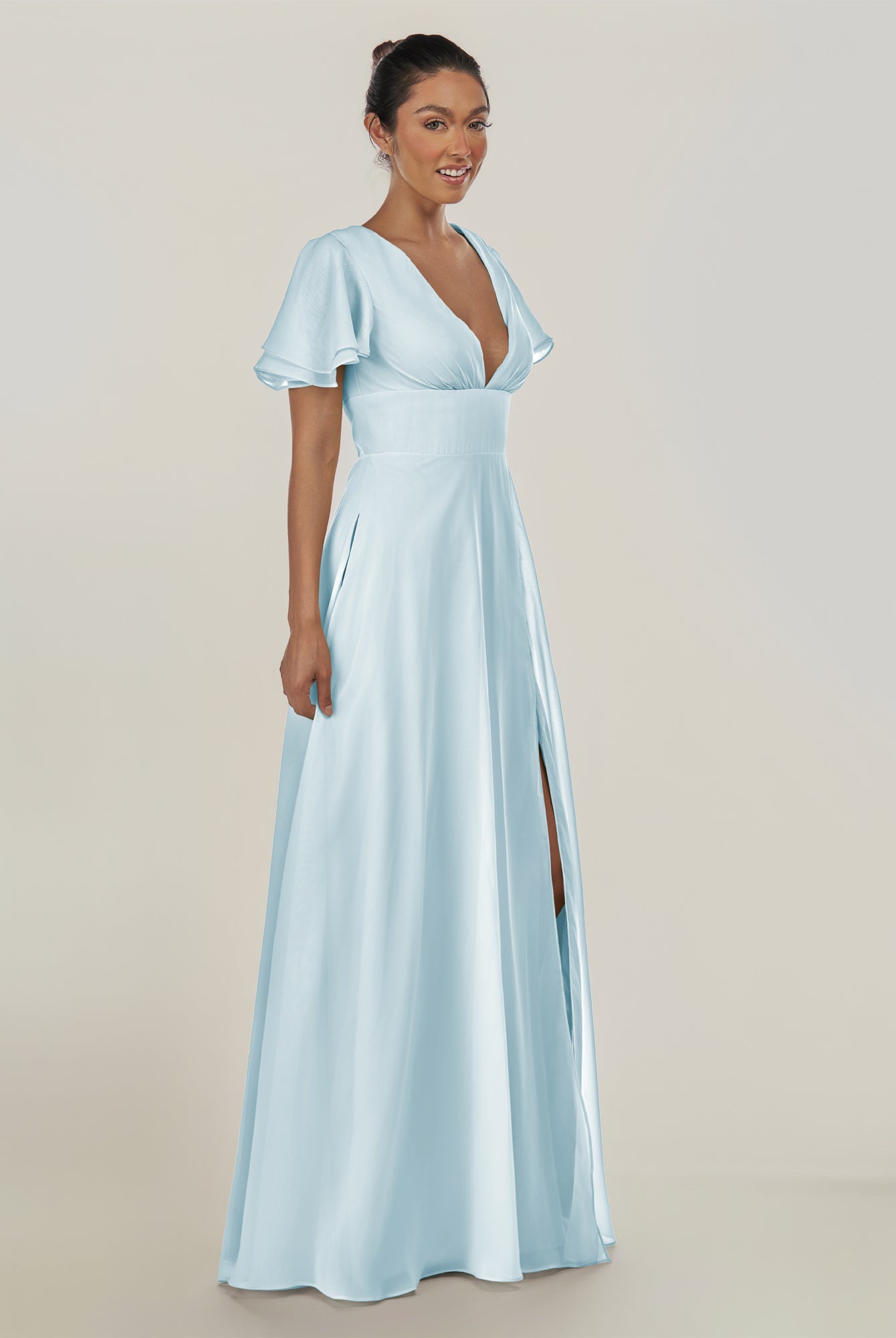 KissDress-Nira Sky Blue A Line Chiffon Cap Sleeves V Neck Long Bridesmaid Dress with Slit
