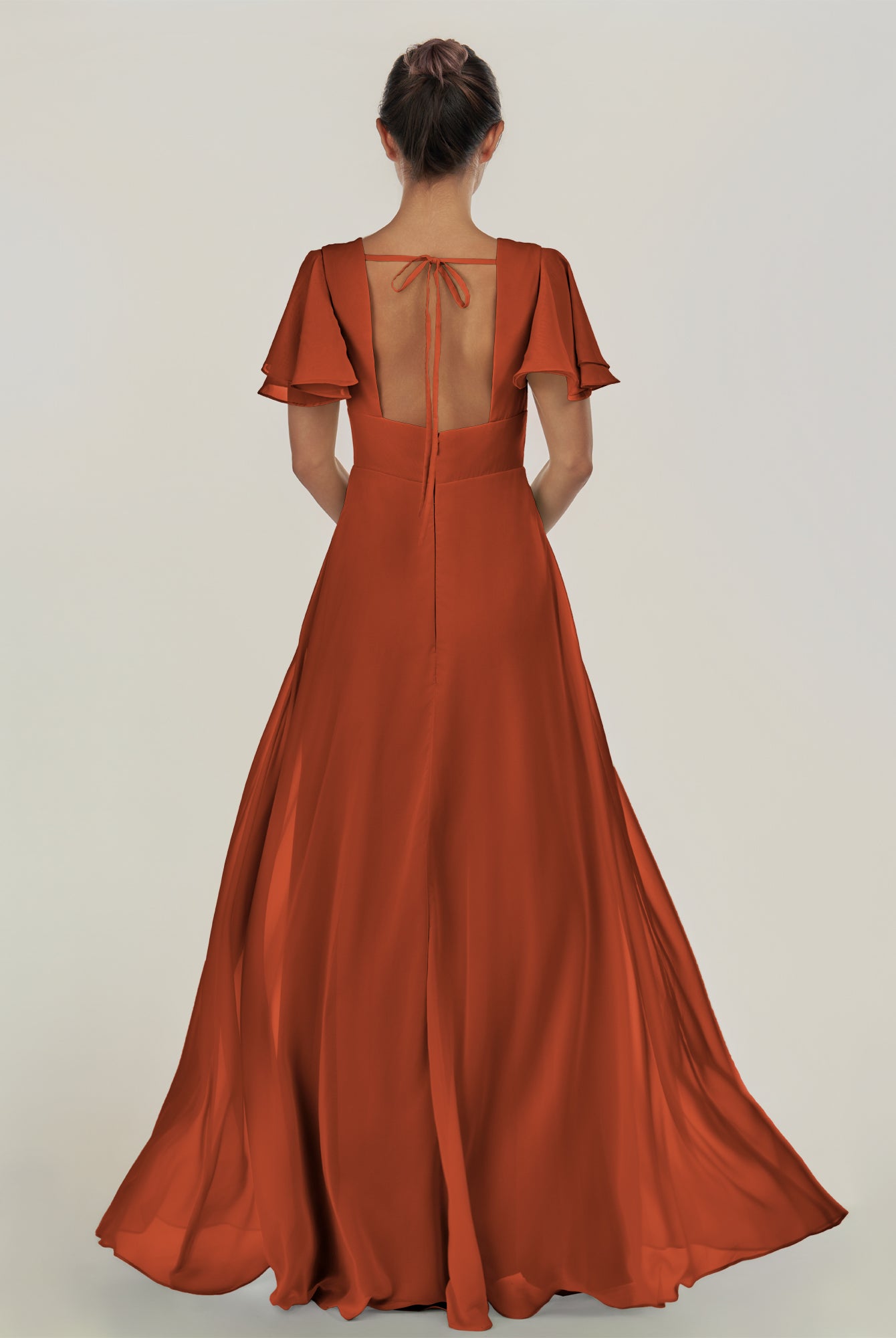 KissDress-Nira Spice A Line Chiffon Cap Sleeves V Neck Long Bridesmaid Dress with Slit