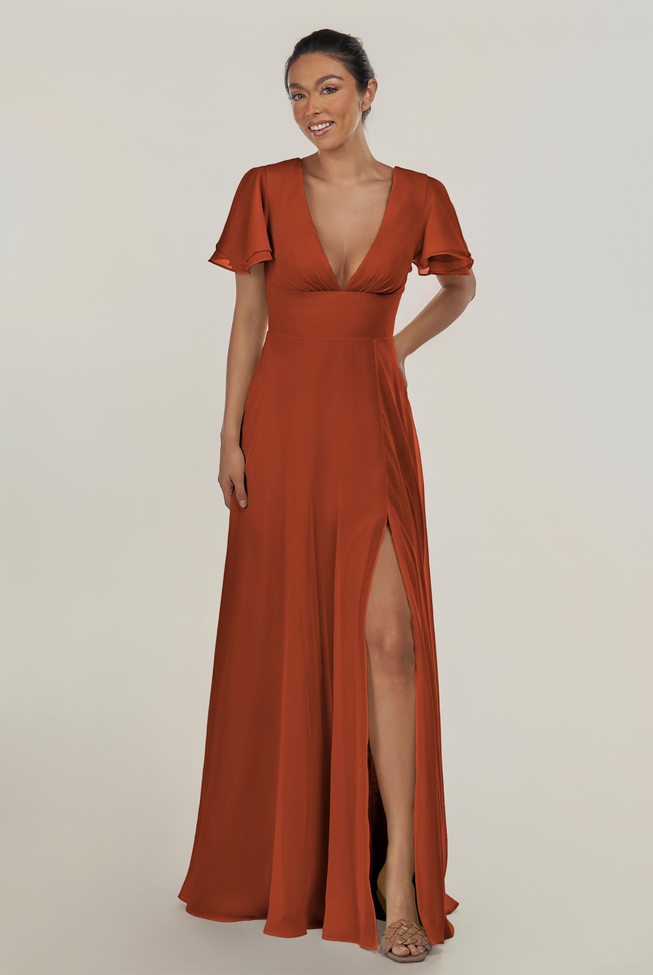 KissDress-Nira Spice A Line Chiffon Cap Sleeves V Neck Long Bridesmaid Dress with Slit