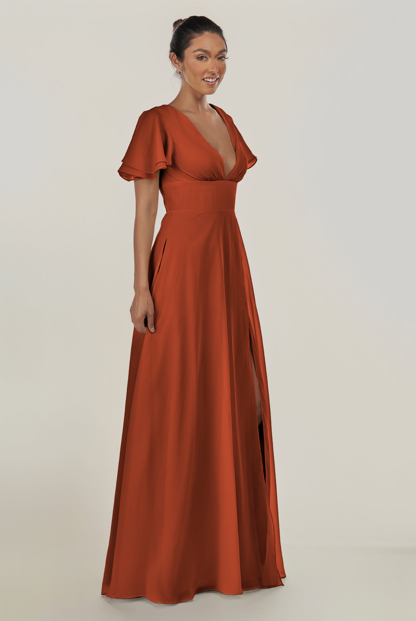 KissDress-Nira Spice A Line Chiffon Cap Sleeves V Neck Long Bridesmaid Dress with Slit