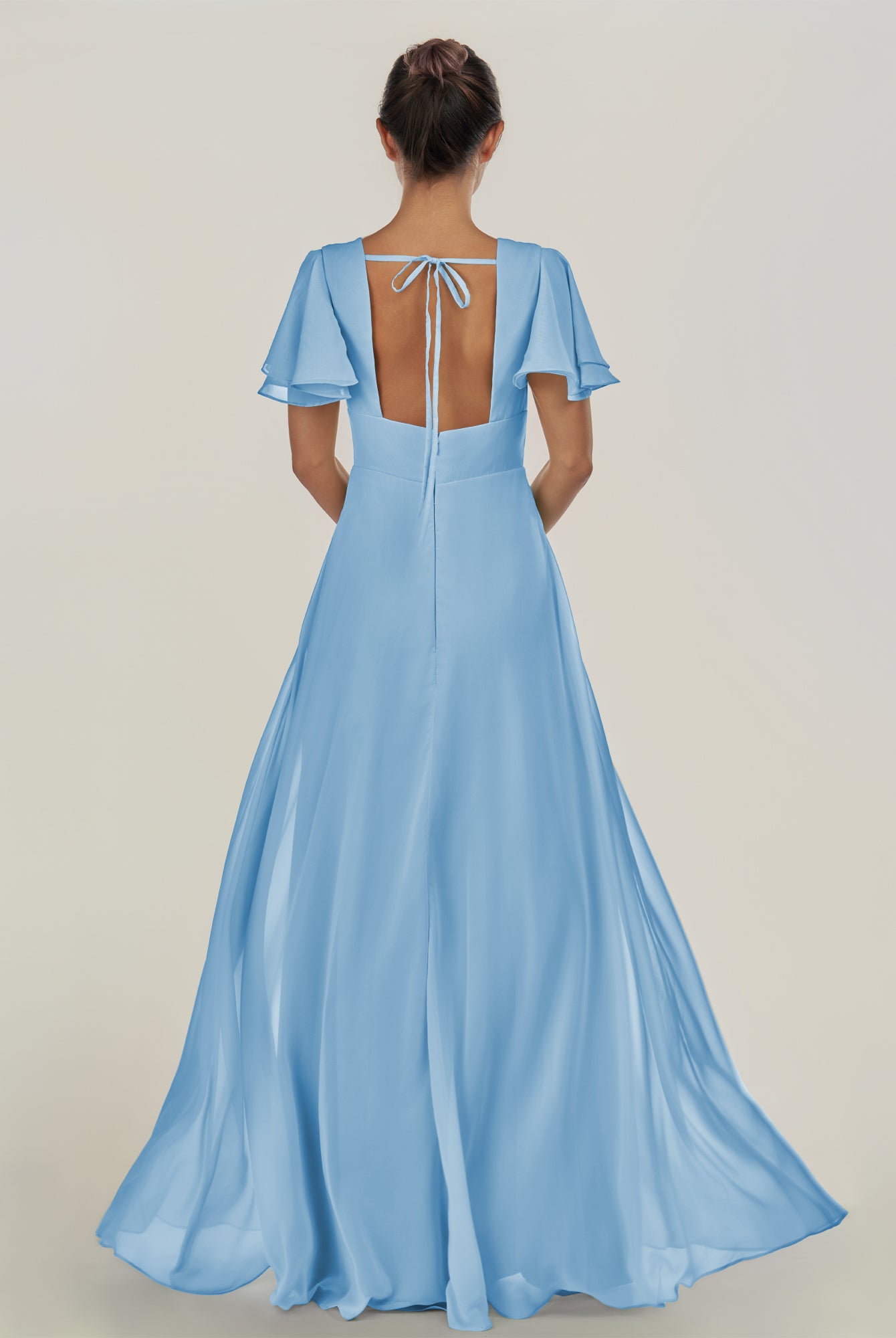 KissDress-Nira Steel Blue A Line Chiffon Cap Sleeves V Neck Long Bridesmaid Dress with Slit