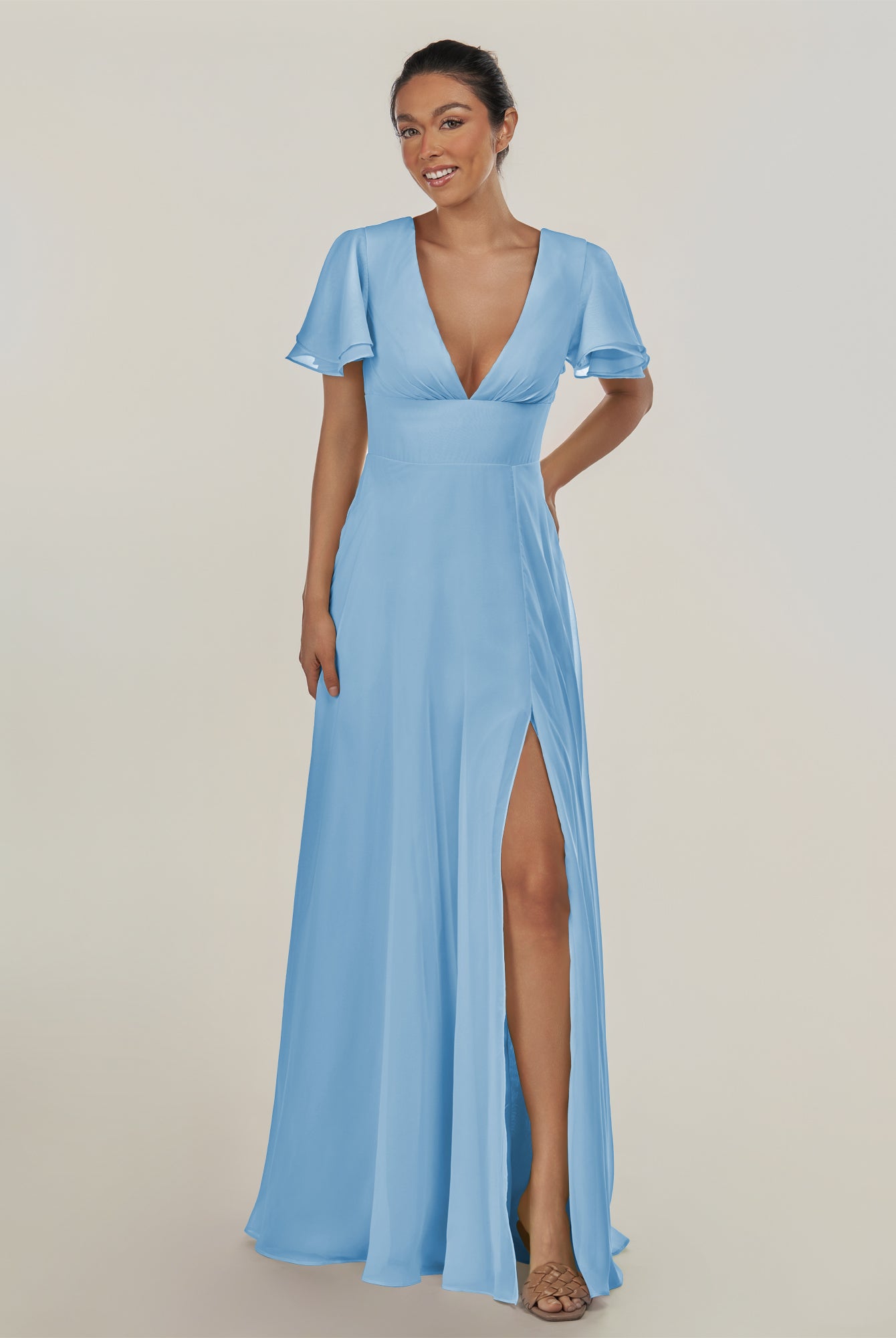 KissDress-Nira Steel Blue A Line Chiffon Cap Sleeves V Neck Long Bridesmaid Dress with Slit