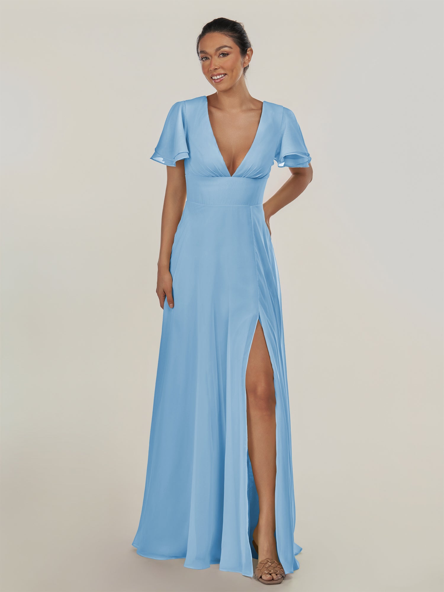 KissDress-Nira Steel Blue A Line Chiffon Cap Sleeves V Neck Long Bridesmaid Dress with Slit