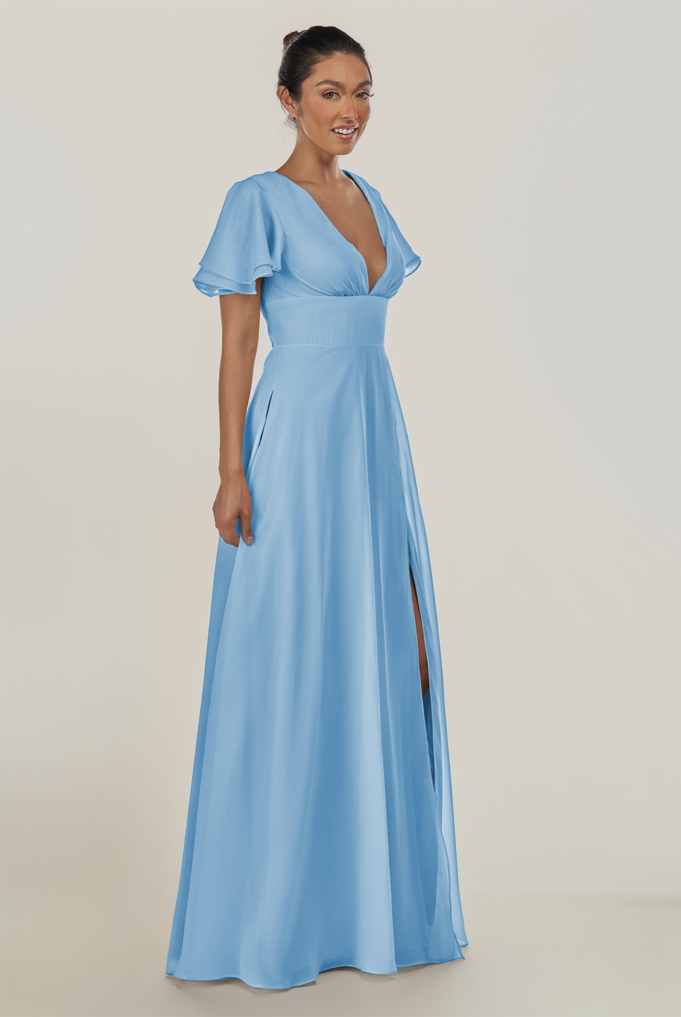 KissDress-Nira Steel Blue A Line Chiffon Cap Sleeves V Neck Long Bridesmaid Dress with Slit