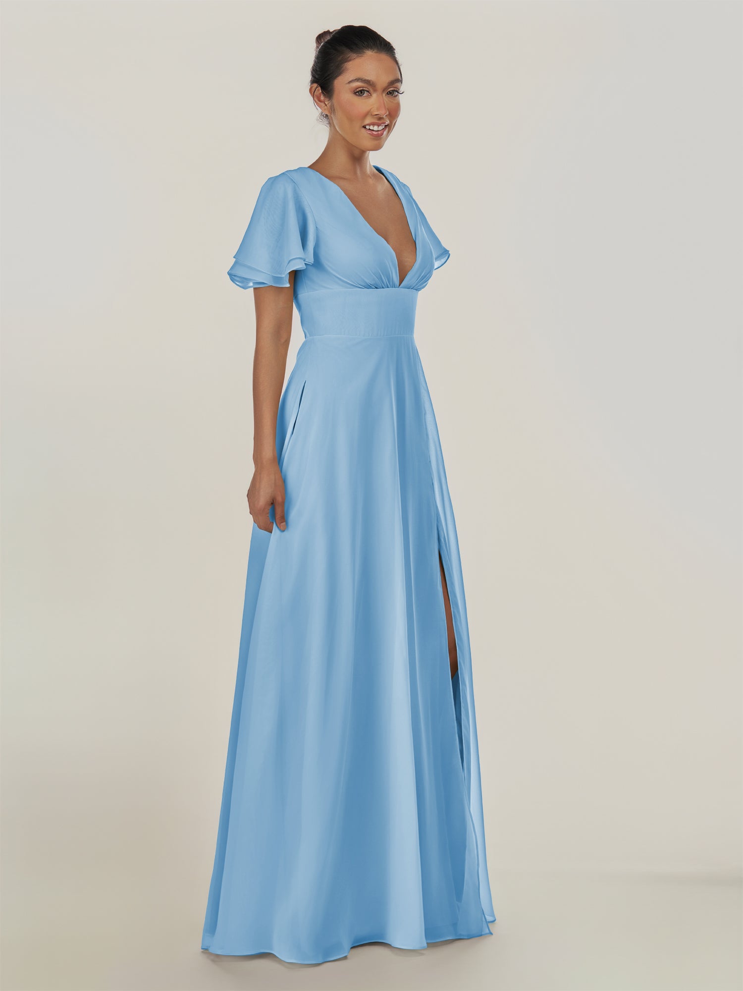 KissDress-Nira Steel Blue A Line Chiffon Cap Sleeves V Neck Long Bridesmaid Dress with Slit