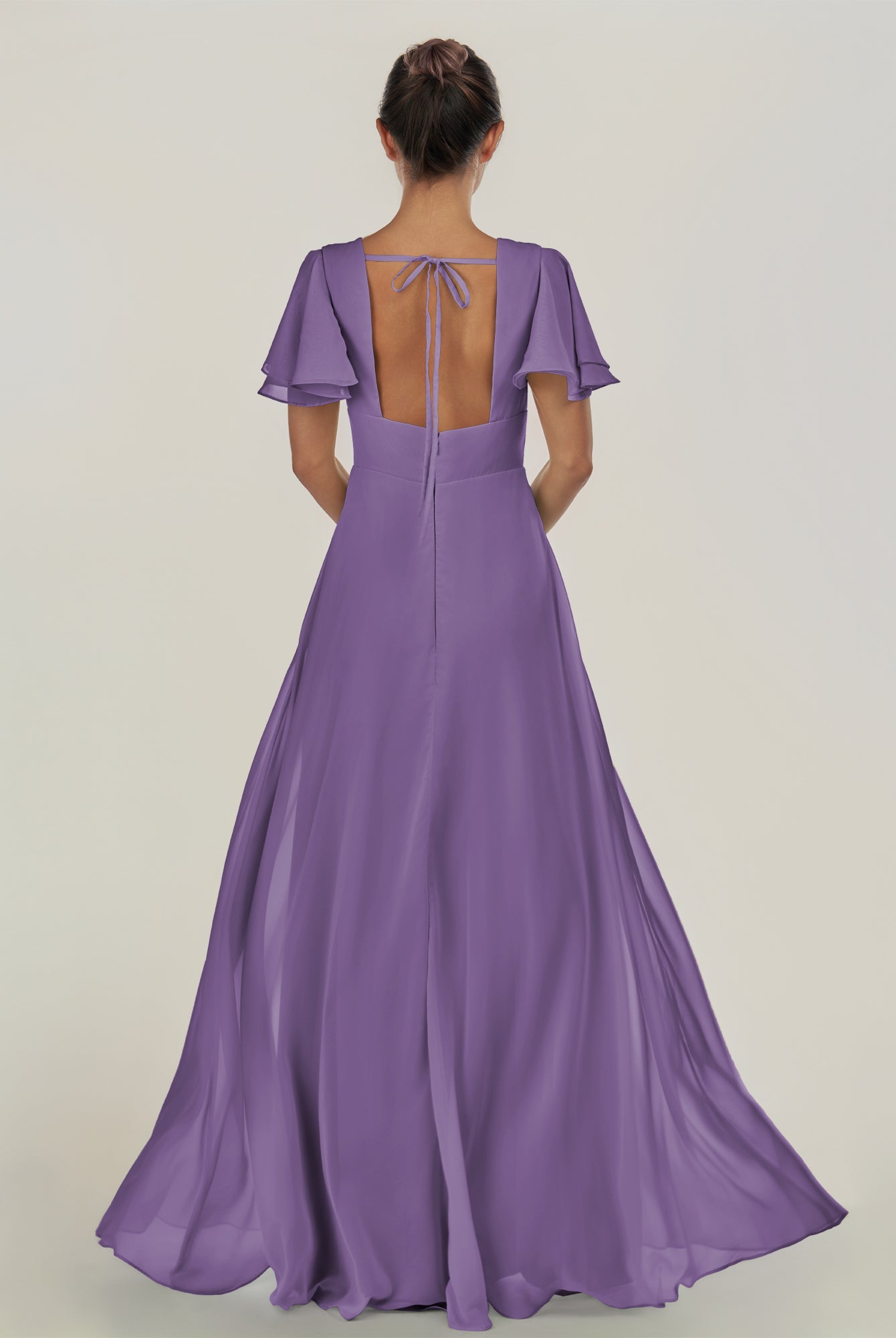 KissDress-Nira Tahiti A Line Chiffon Cap Sleeves V Neck Long Bridesmaid Dress with Slit