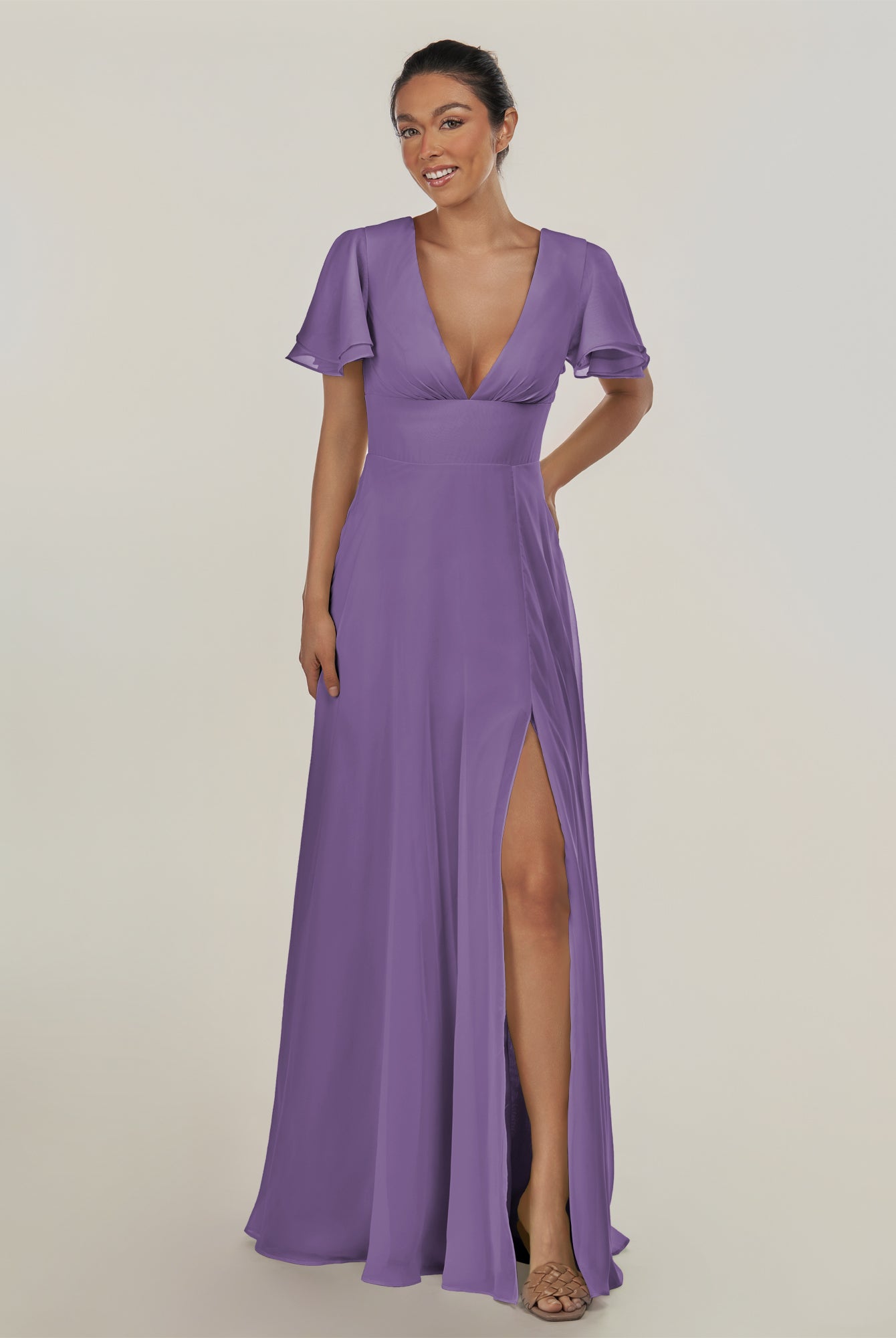 KissDress-Nira Tahiti A Line Chiffon Cap Sleeves V Neck Long Bridesmaid Dress with Slit