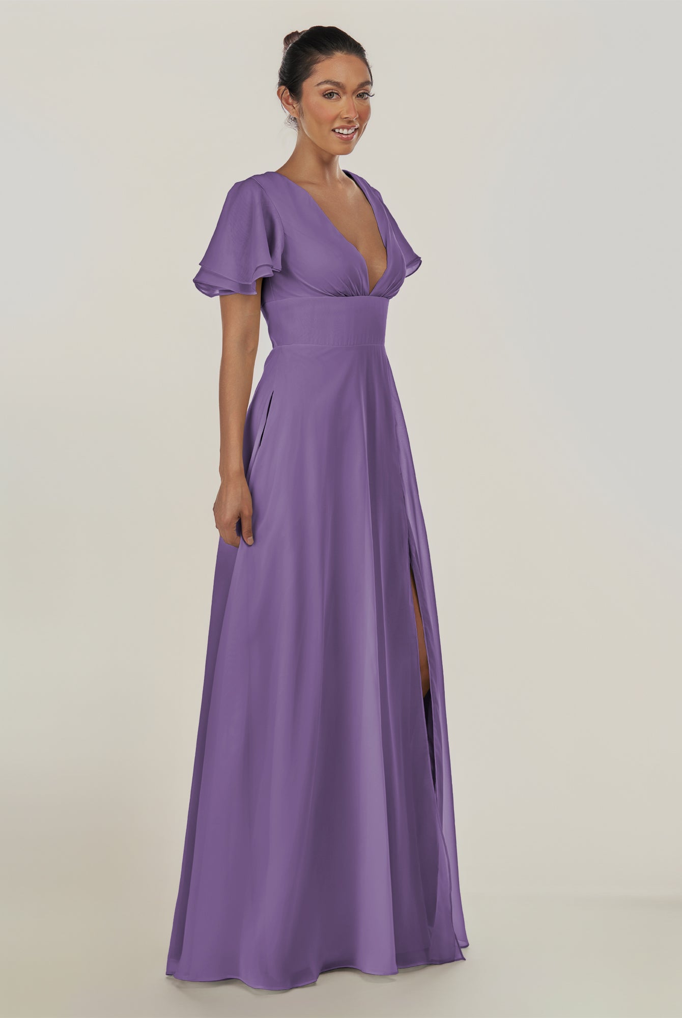 KissDress-Nira Tahiti A Line Chiffon Cap Sleeves V Neck Long Bridesmaid Dress with Slit