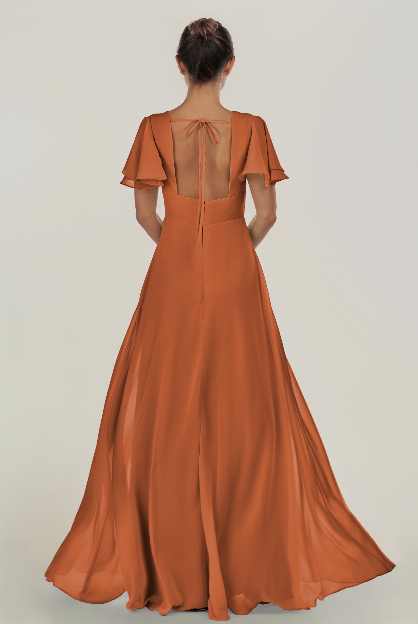 KissDress-Nira Terracotta A Line Chiffon Cap Sleeves V Neck Long Bridesmaid Dress with Slit