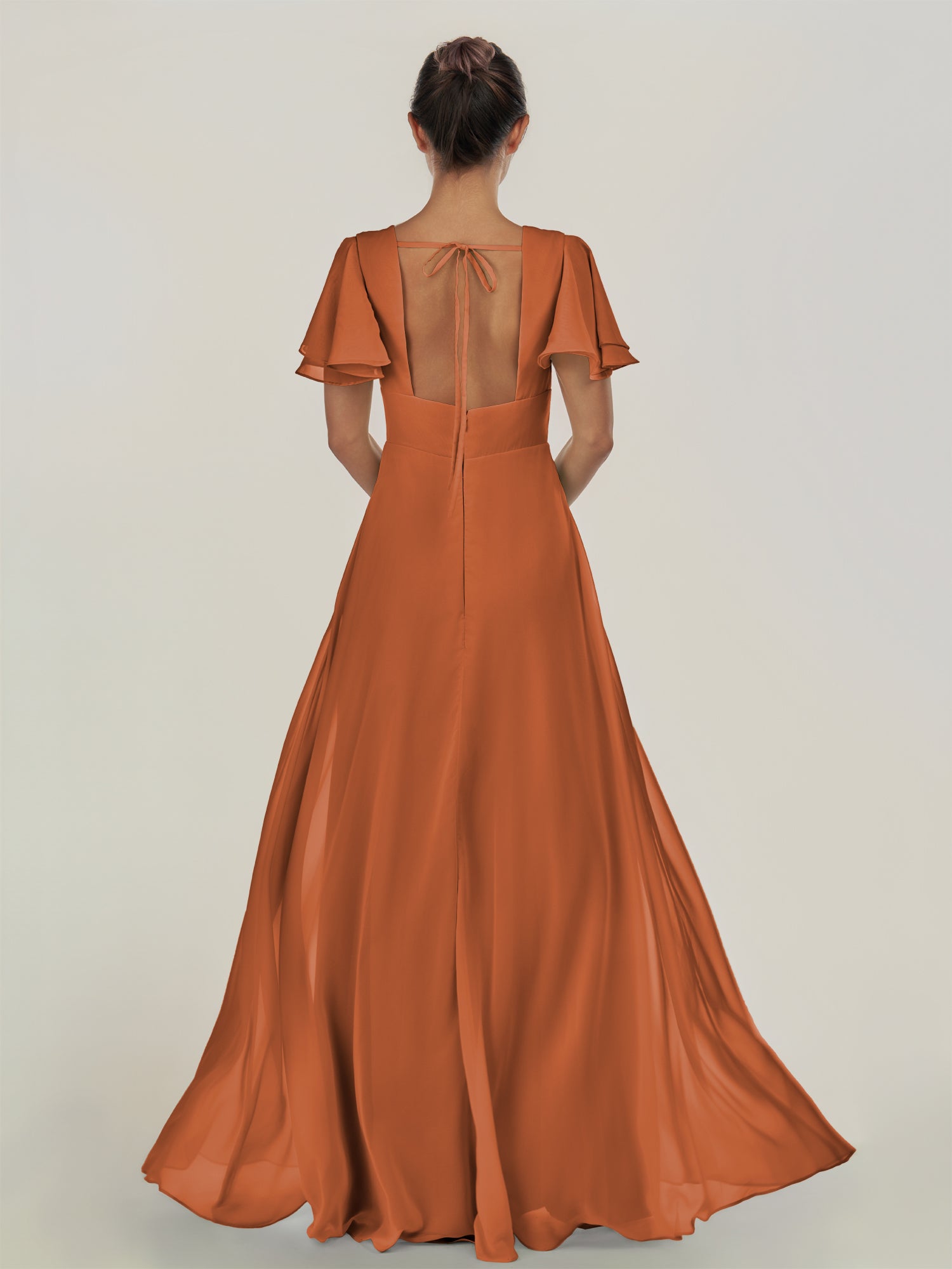 KissDress-Nira Terracotta A Line Chiffon Cap Sleeves V Neck Long Bridesmaid Dress with Slit
