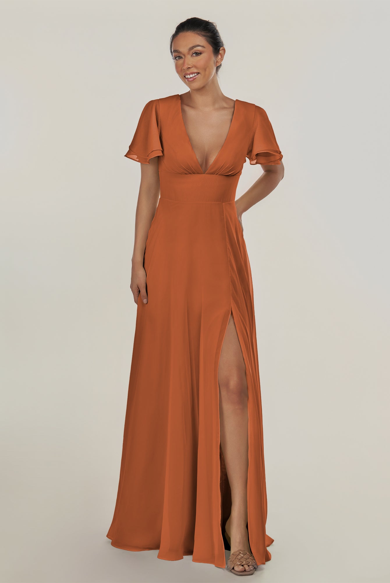 KissDress-Nira Terracotta A Line Chiffon Cap Sleeves V Neck Long Bridesmaid Dress with Slit