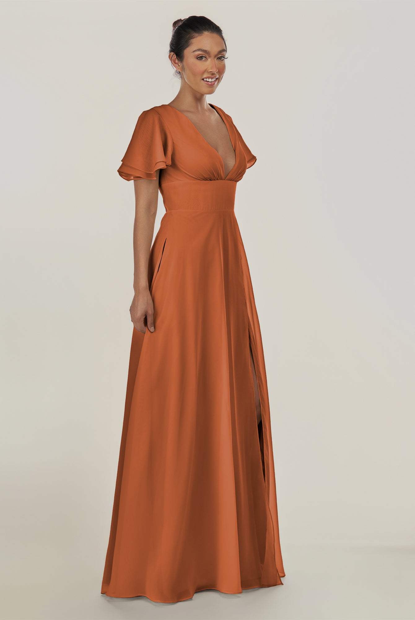KissDress-Nira Terracotta A Line Chiffon Cap Sleeves V Neck Long Bridesmaid Dress with Slit