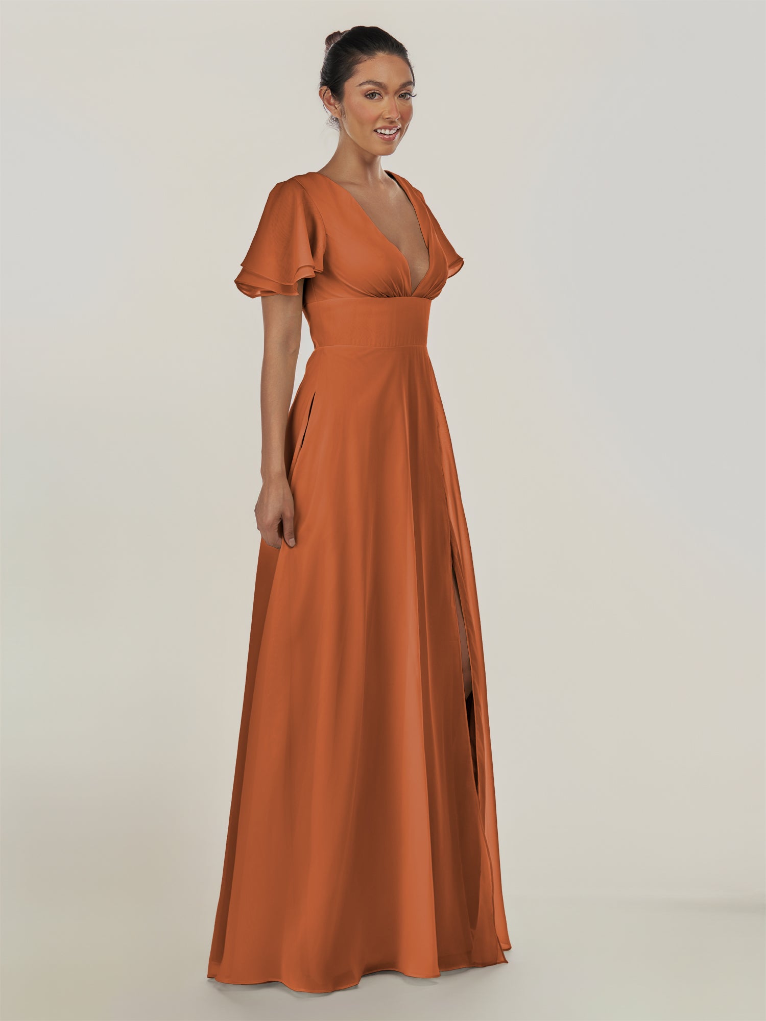 KissDress-Nira Terracotta A Line Chiffon Cap Sleeves V Neck Long Bridesmaid Dress with Slit