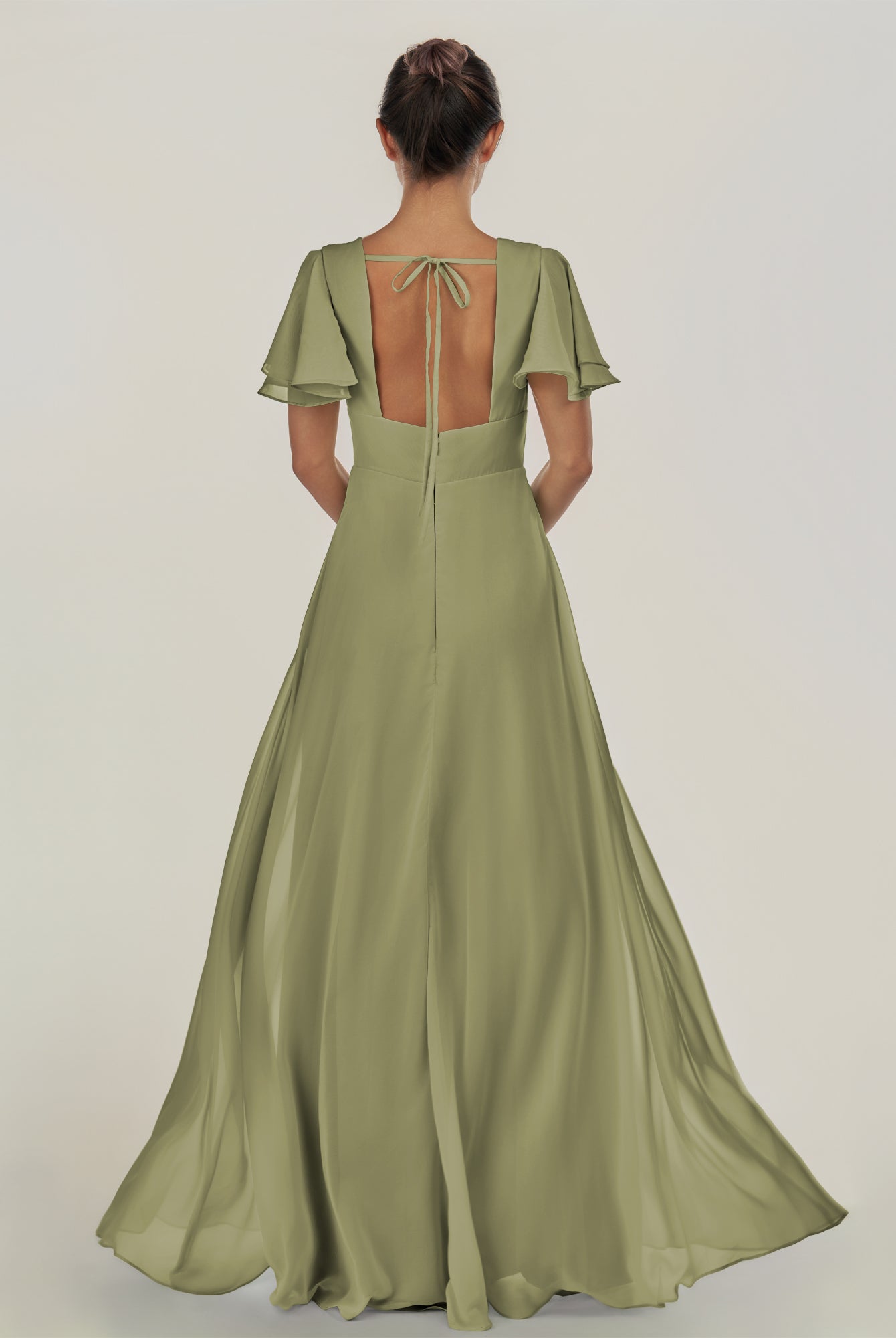 KissDress-Nira Thyme A Line Chiffon Cap Sleeves V Neck Long Bridesmaid Dress with Slit