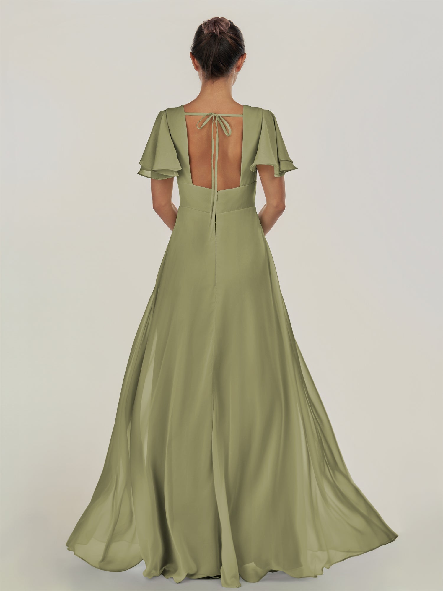 KissDress-Nira Thyme A Line Chiffon Cap Sleeves V Neck Long Bridesmaid Dress with Slit