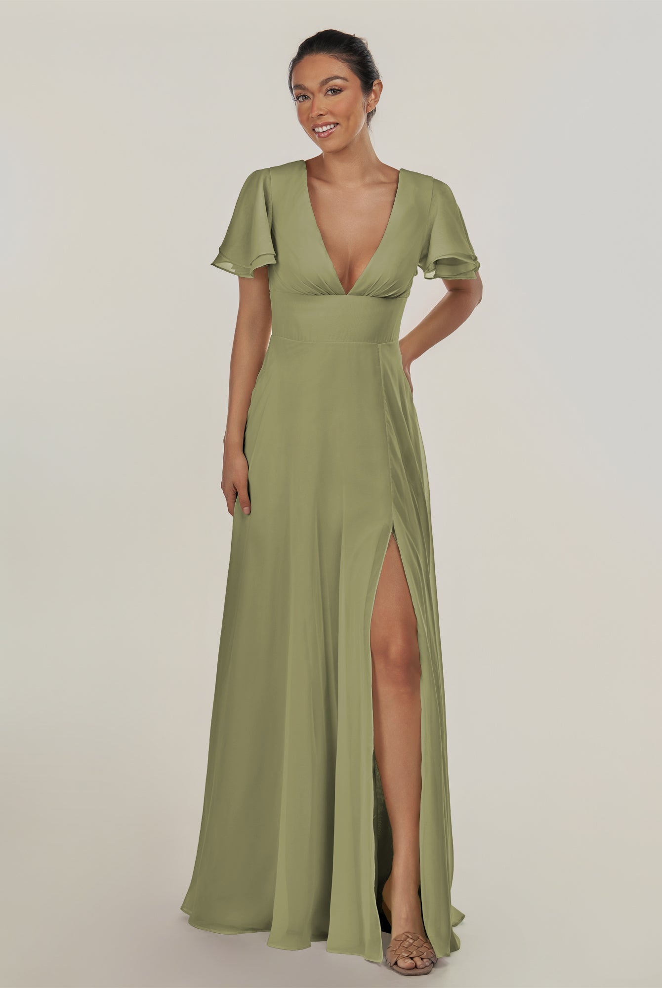 KissDress-Nira Thyme A Line Chiffon Cap Sleeves V Neck Long Bridesmaid Dress with Slit