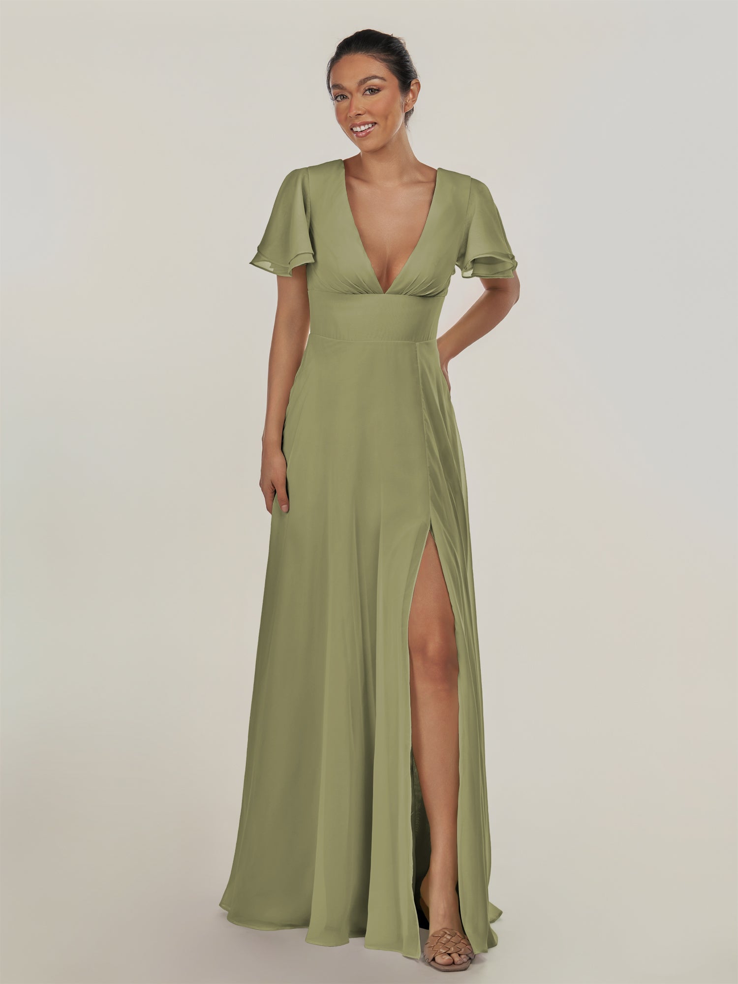 KissDress-Nira Thyme A Line Chiffon Cap Sleeves V Neck Long Bridesmaid Dress with Slit