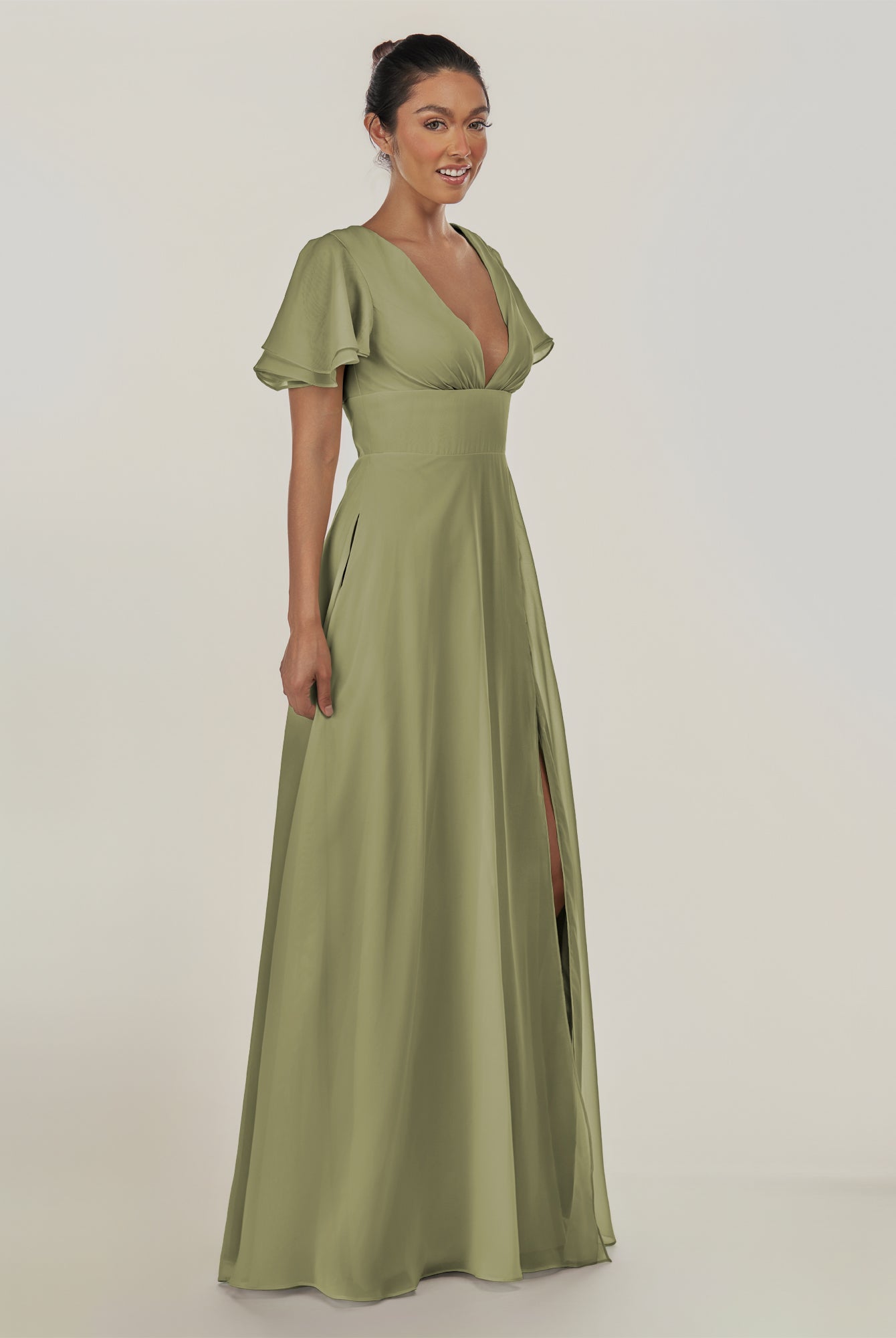 KissDress-Nira Thyme A Line Chiffon Cap Sleeves V Neck Long Bridesmaid Dress with Slit