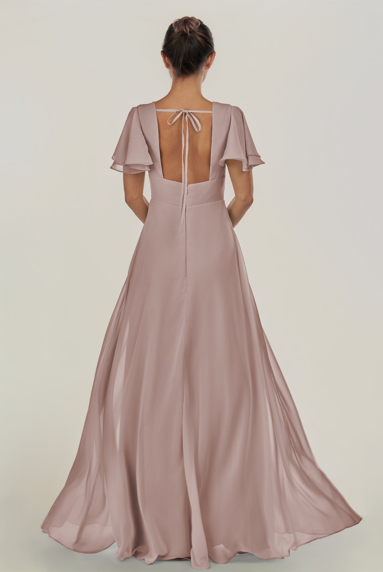 KissDress-Nira Toffee A Line Chiffon Cap Sleeves V Neck Long Bridesmaid Dress with Slit